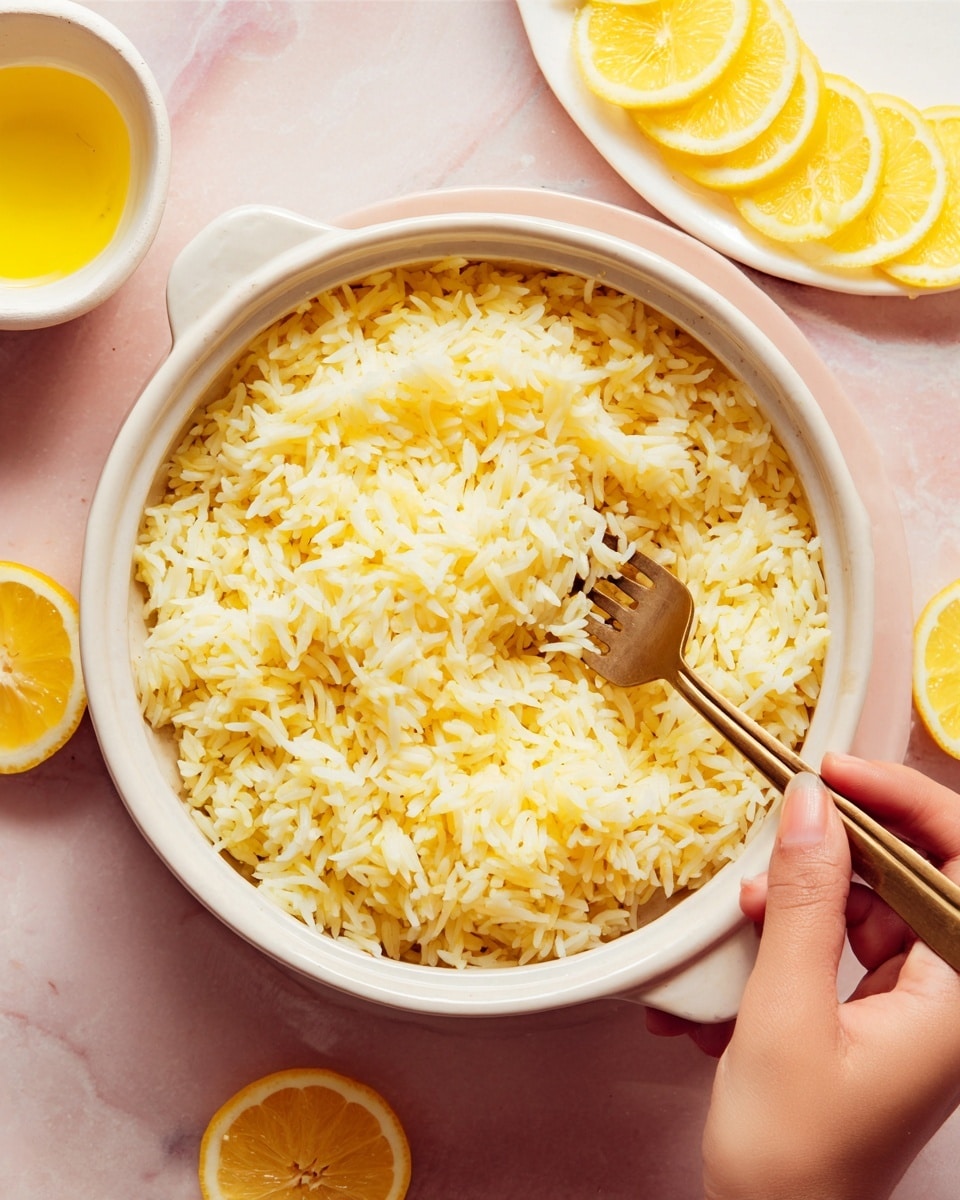 The image shows a close-up of a white bowl filled with fluffy yellow rice, with the rice grains clearly visible and soft. A golden fork is placed inside the bowl, held by a woman's hand with a light skin tone, stirring the rice. The bowl sits on a white marbled surface with a soft pink tone, and around it are slices of bright yellow lemons placed on a small white plate. There is also a small bowl of yellow liquid, possibly oil or lemon juice, to the left side of the main bowl. The colors are warm and inviting, with the yellow of the rice and lemons standing out against the white bowl and marbled surface. photo taken with an iphone --ar 4:5 --v 7
