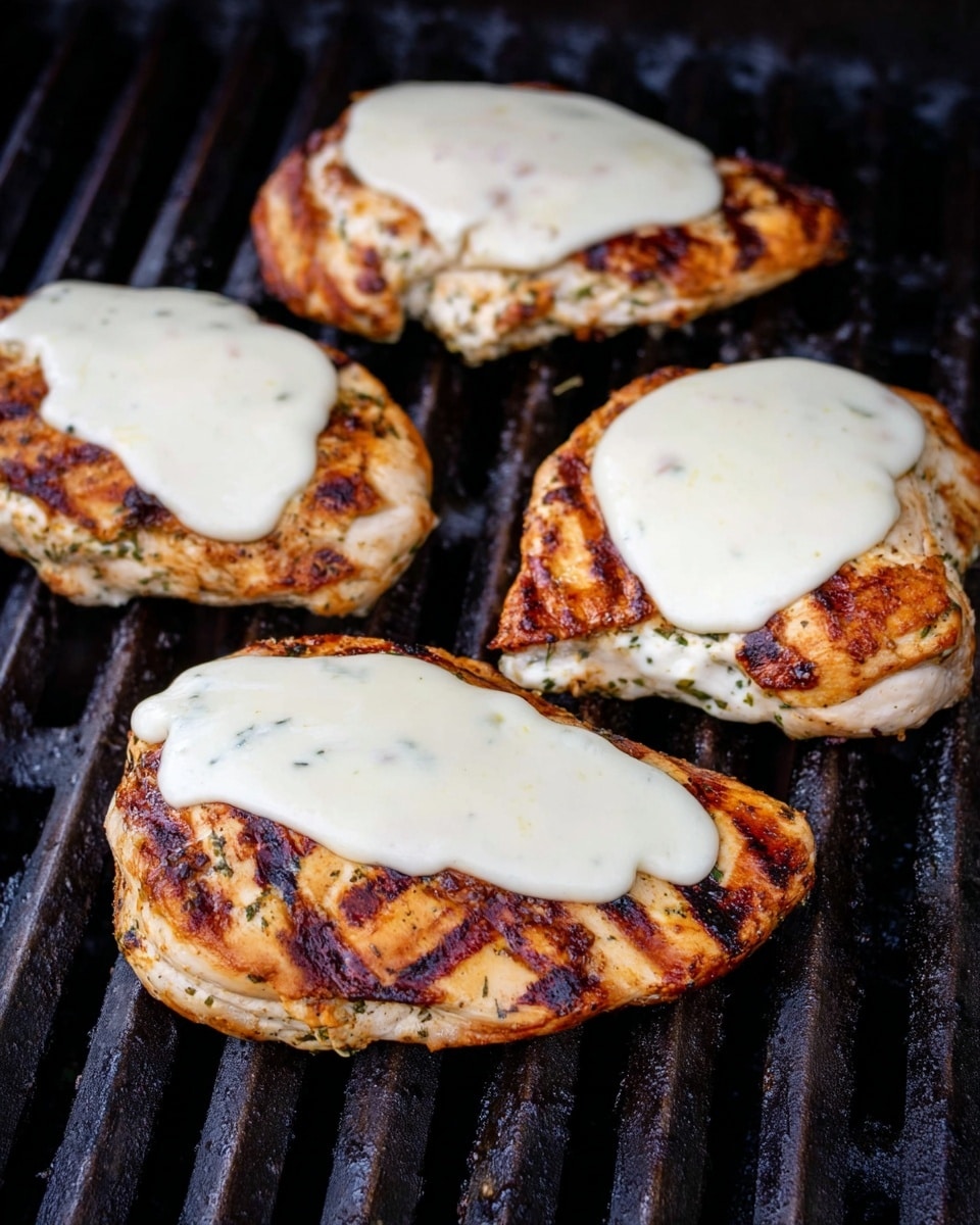 There are four grilled chicken pieces placed on a dark grill surface with visible grill marks and some herbs on the chicken. Each piece has a smooth, white, melted cheese layer on top, covering the center of the chicken and slightly flowing over the edges. The chicken color is a mix of golden brown and charred black stripes from the grill. The background is the black metal grill bars. photo taken with an iphone --ar 4:5 --v 7