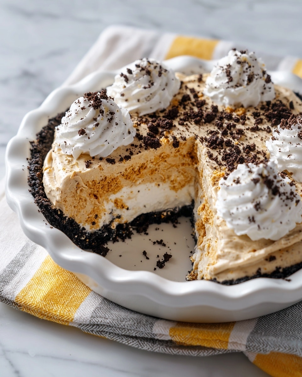 A pie with three layers is in a white scalloped pie dish on a white marbled surface with a yellow, gray, and white striped cloth under it. The bottom layer is dark crushed cookie crust, thick and crumbly, lining the dish. Above this is a white cream layer, smooth and soft, just peeking at the edges. The top layer is a light brown, creamy filling with small dark bits mixed in, spread evenly. Four dollops of white whipped cream sit near the edge on top, each sprinkled with dark cookie crumbs. More dark cookie crumbs are spread over the entire top surface. Photo taken with an iphone --ar 4:5 --v 7