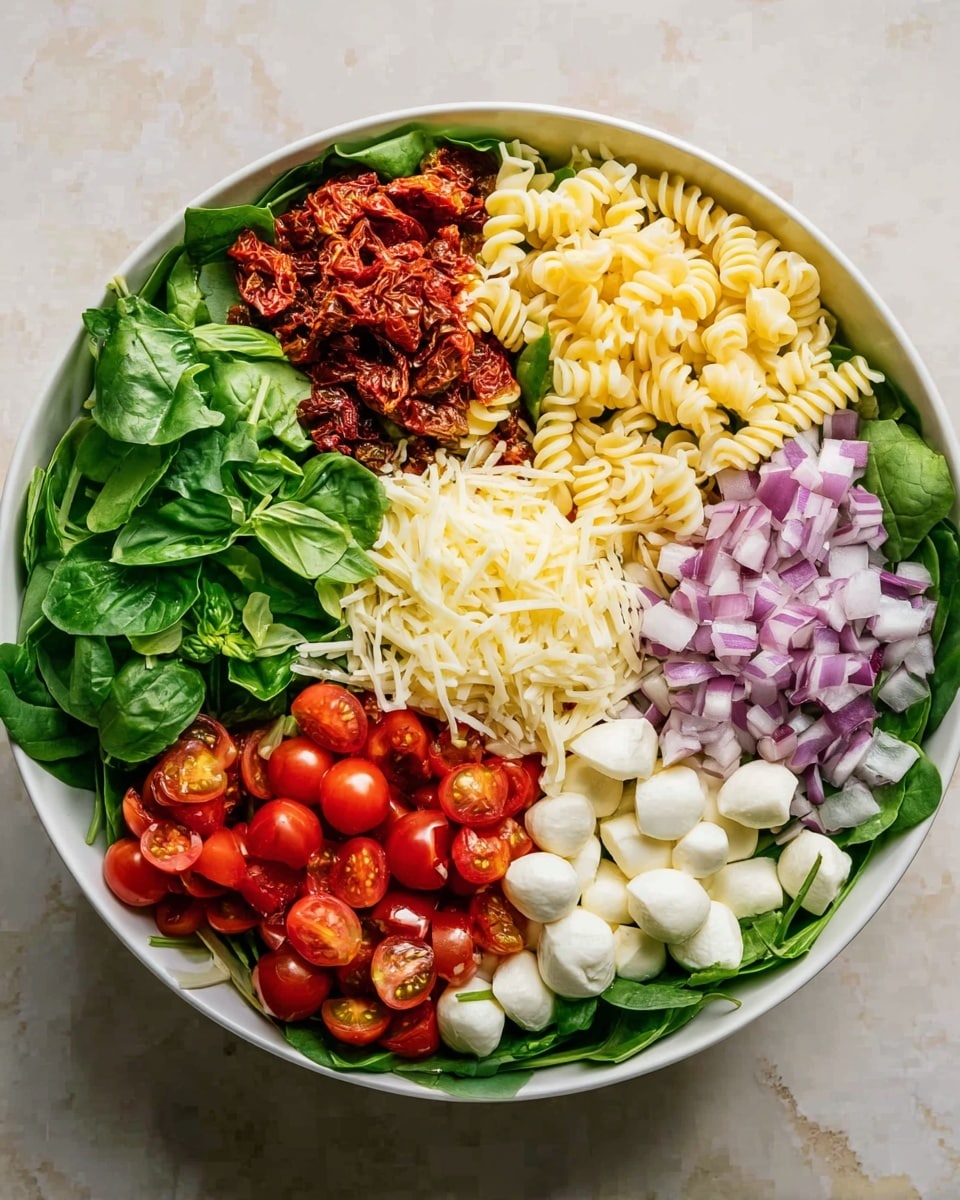 A large white bowl filled with fresh food on a white marbled surface shows a colorful layered salad. The bottom layer is green spinach leaves covering the base. On top of this are small, curly pasta pieces in pale yellow, sun-dried tomatoes in a red-brown color piled near the top left, finely chopped red onions in light purple at the top right, small white mozzarella balls to the right, thin shredded pale yellow cheese to the left, bright green sliced fresh basil leaves in the middle, and halved cherry tomatoes showing red juicy flesh at the bottom. Each ingredient is placed in separate sections, forming a vibrant and fresh look. Photo taken with an iphone --ar 4:5 --v 7