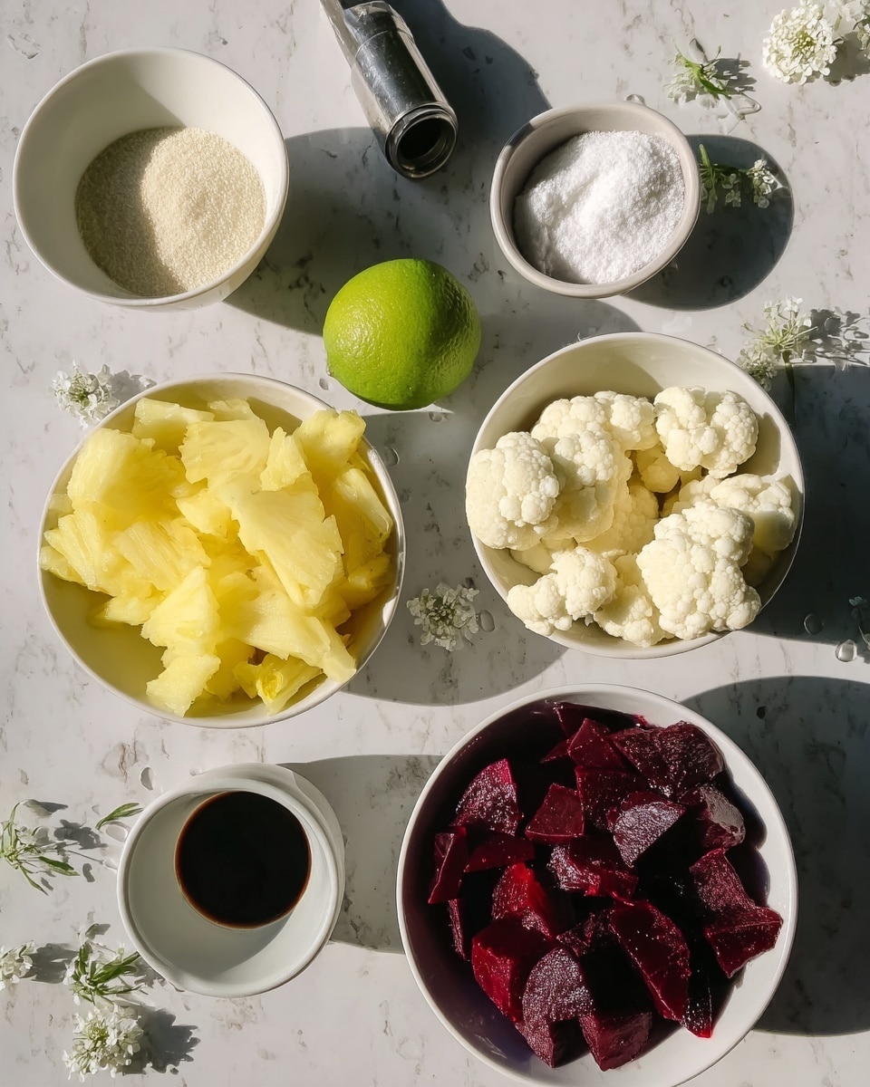 The image shows six small white bowls and a half lime arranged on a white marbled surface with small white flowers scattered around. One bowl contains yellow frozen pineapple chunks with a frosty texture, another has frosty white frozen cauliflower florets, and a third holds deep red, diced beets with a shiny surface. There is an empty white bowl, a small white bowl filled with fine white powder, and a metal tablespoon with a dark liquid, likely soy sauce. The half lime appears fresh and juicy, with bright green skin and light green inside. Sunlight casts light and shadows across the scene, giving a bright and natural look. Photo taken with an iphone --ar 4:5 --v 7