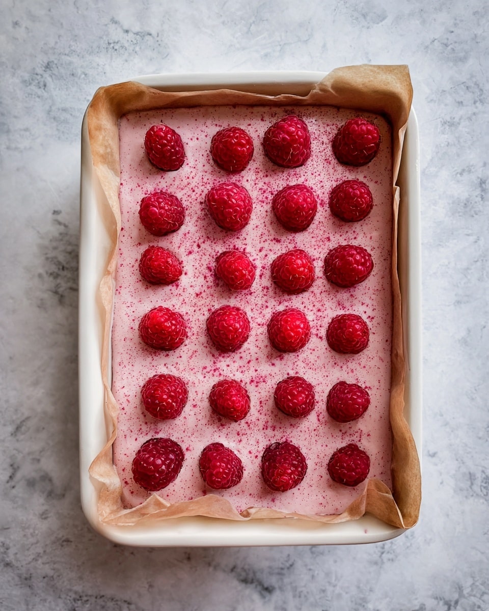 A white baking dish lined with brown parchment paper holds a smooth, pale pink custard layer that fills the dish evenly. On top, there are 20 evenly spaced, fresh bright red raspberries arranged in four rows of five. The surface of the custard is lightly dusted with fine raspberry powder, adding a speckled darker pink texture. The dish is placed on a white marbled texture that contrasts with the vivid red raspberries and soft pink custard. photo taken with an iphone --ar 4:5 --v 7