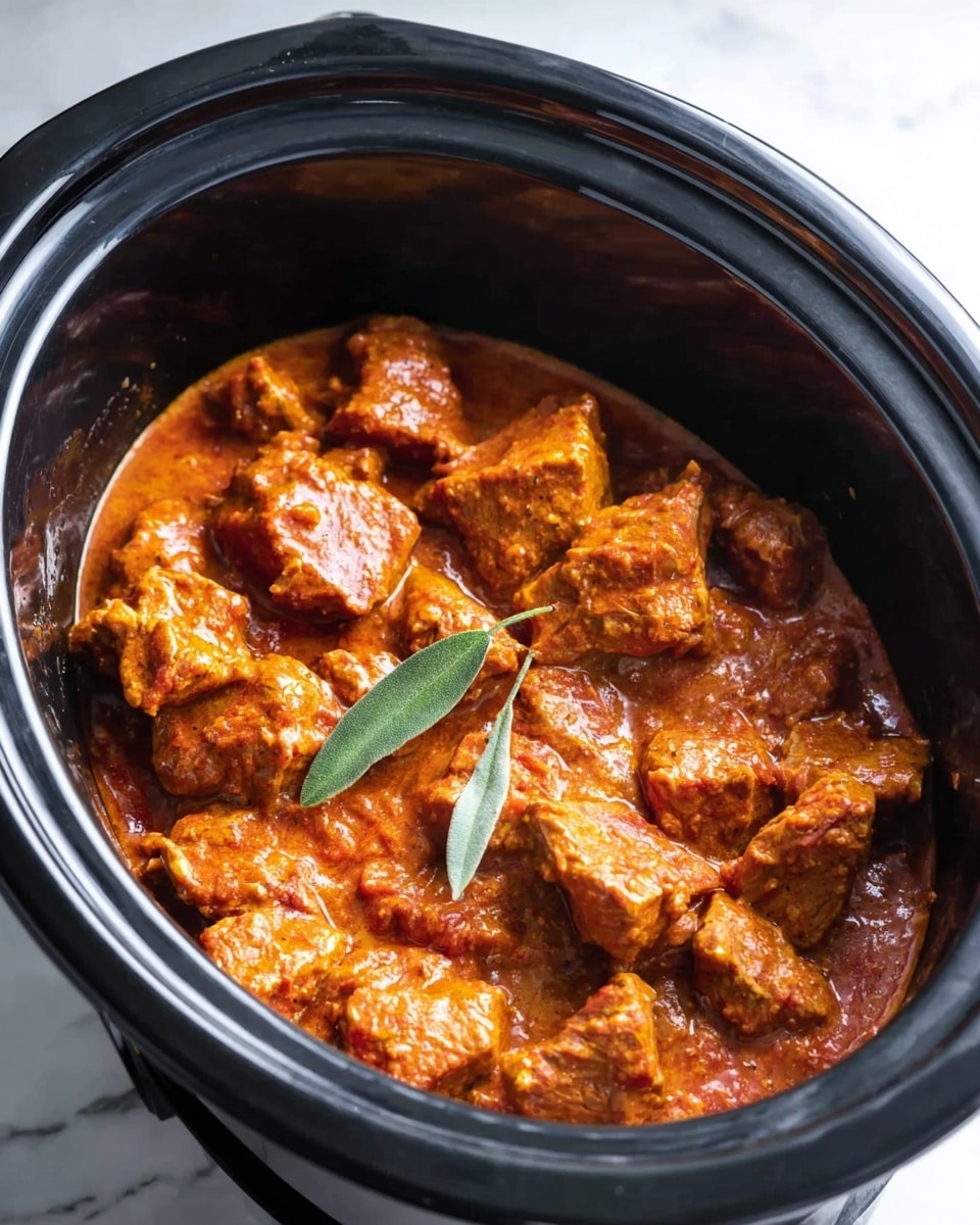 The image shows a black slow cooker filled with thick chunks of meat covered in a rich, orange-red sauce. The meat pieces appear tender and are scattered evenly, with two long green leaves placed on top as garnish. The sauce looks creamy and coats each piece well, giving the dish a vibrant, warm look. The slow cooker is set against a white marbled texture. photo taken with an iphone --ar 4:5 --v 7