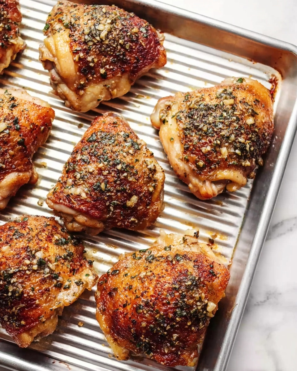 Six pieces of cooked chicken thighs with crispy, golden-brown skin sit on a ribbed metal baking sheet. Each piece is seasoned with small bits of garlic and herbs scattered evenly across the top, giving a textured look with dark green and light brown colors. The chicken thighs are arranged closely but not touching, showing different angles of the skin and meat, with some pieces slightly more browned than others. The metal baking sheet has parallel ridges and a shiny silver edge, all placed on a white marbled surface. Photo taken with an iphone --ar 4:5 --v 7