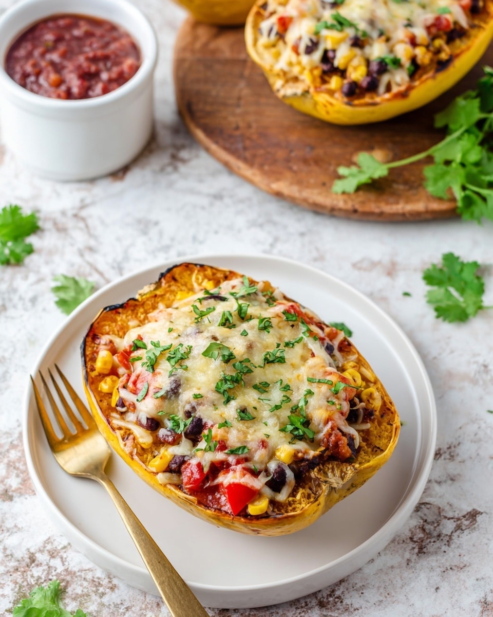 A roasted yellow spaghetti squash bowl holds a colorful mix of diced red bell peppers, dark red beans, and bright yellow corn, all topped with a melted layer of white cheese that is slightly browned and bubbly, sprinkled with fresh chopped green herbs. A fork lifts a portion showing the stringy spaghetti-like texture of the squash mixed with vegetables and cheese strands. The bowl sits on a white marbled surface with some fresh green herbs around it. Photo taken with an iphone --ar 4:5 --v 7