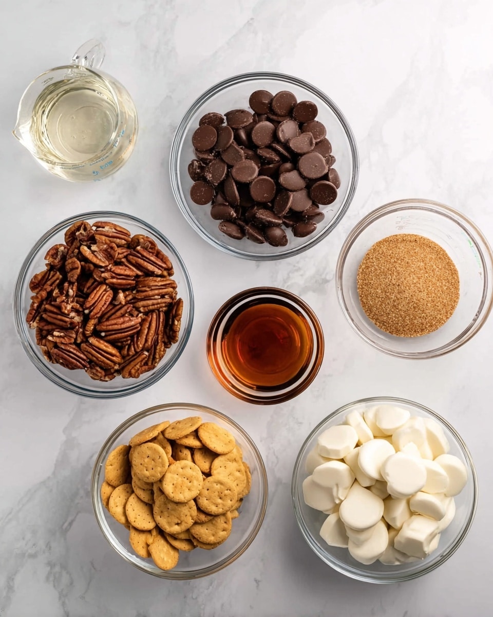 The image shows six clear glass bowls placed on a white marbled surface, each containing different ingredients. From top right going clockwise: a bowl filled with shiny dark brown chocolate buttons, a small bowl with dark amber liquid, a bowl of light brown soft brown sugar, a bowl of whole pecan nuts in rich brown color, a large bowl of smooth white chocolate buttons, and a medium bowl of small round golden brown crackers. There is also a clear glass measuring cup with a small amount of clear liquid near the top left corner. Everything is neat and evenly spaced. Photo taken with an iphone --ar 4:5 --v 7