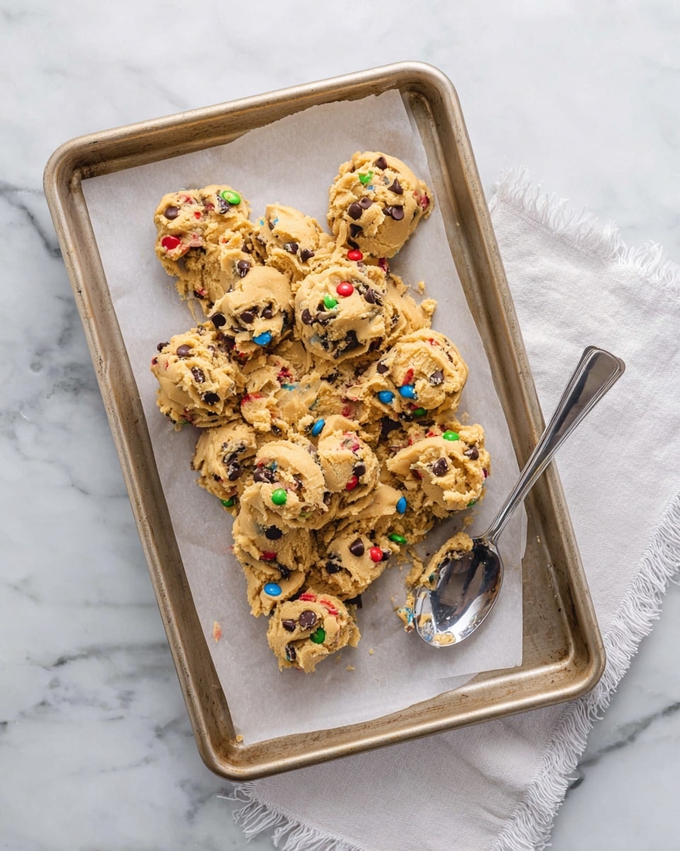 The image shows a baking tray lined with white parchment paper holding several uneven scoops of light brown cookie dough mixed with chocolate chips and small colorful candy pieces. The dough parts are clumped together in the middle of the tray, covering most of it, with a silver spoon resting on the right side of the tray touching the dough. The tray sits on a white marbled surface, and a white cloth with fringed edges is slightly visible in the upper right corner. photo taken with an iphone --ar 4:5 --v 7