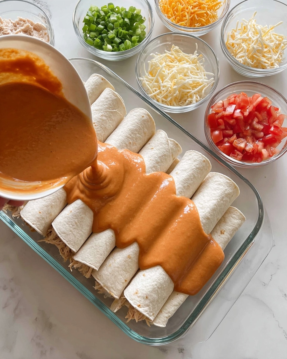 The image shows a clear glass baking dish filled with two neat rows of rolled white corn tortillas. Inside each tortilla is shredded pale chicken visible at the ends. A smooth, thick orange sauce is being poured over the middle row of tortillas, covering several rolls evenly with a glossy texture. To the upper left of the baking dish, there are five small clear bowls arranged in two rows on a white marbled surface. These bowls hold finely chopped green onions, fresh chopped tomatoes, shredded yellow cheese, shredded white cheese, and pale shredded chicken. The scene is bright and clean, with a woman's hand gently holding the bowl or spoon pouring the sauce. photo taken with an iphone --ar 4:5 --v 7