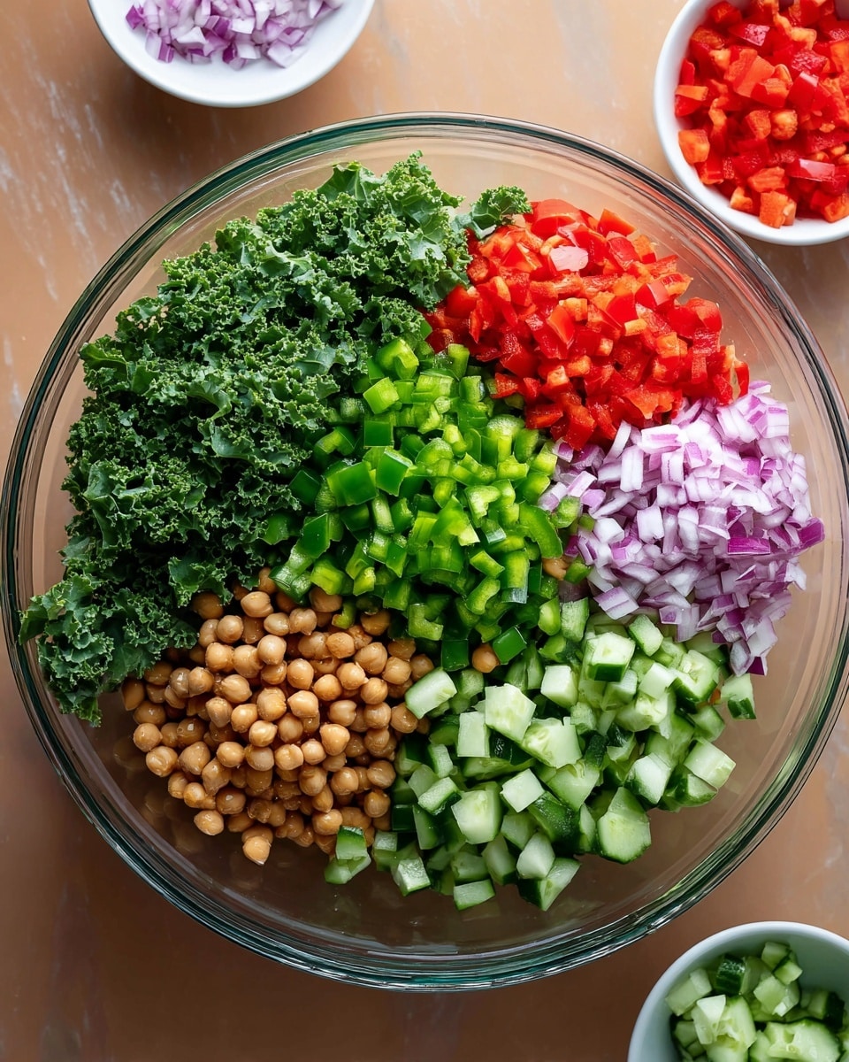 A clear glass bowl holds a fresh salad with six distinct layers, each sectioned neatly. Starting from the left, there is a deep green layer of curly kale with a rough texture, followed by a bright green layer of small diced green bell peppers with a shiny surface. Next to it is a vibrant red layer of diced red bell peppers. To the right of that are small pieces of finely chopped purple onion with a crisp look. Below the onions is a pile of round, light brown soybeans, smooth and glossy. Finally, at the bottom, there is a layer of small diced cucumbers, pale green with darker skin edges. The bowl sits on a white marbled texture surface, with three small white bowls of extra diced vegetables around it. Photo taken with an iphone --ar 4:5 --v 7
