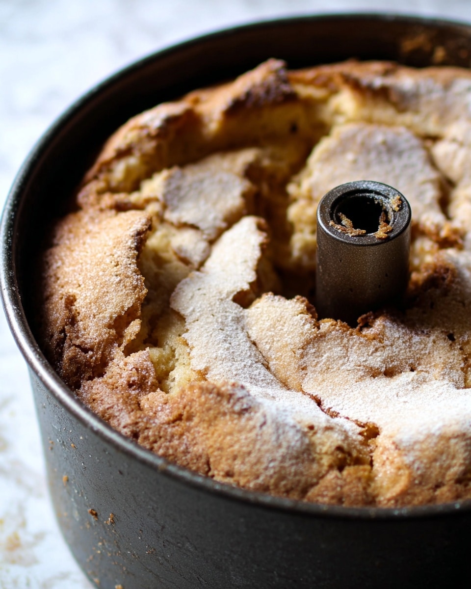 The image shows a close-up view of a browned, cracked top layer of a baked cake inside a dark tube pan. The cake surface is golden-brown with rough, uneven textures and some powdered sugar sprinkled lightly over it. The central tube is metal and shows some baked batter stuck to it. The cake rises unevenly around the tube in the pan. The background surface is a white marbled texture. photo taken with an iphone --ar 4:5 --v 7