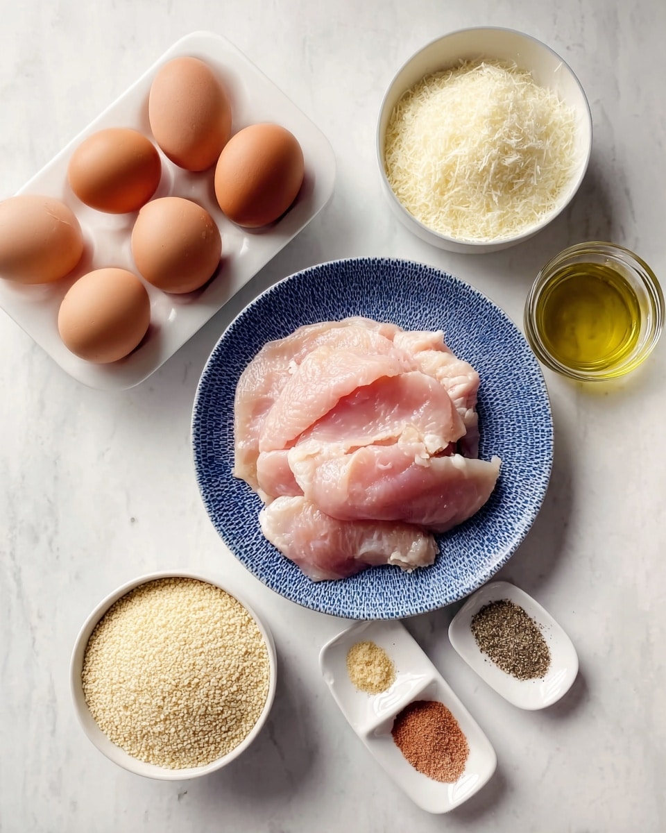 The image shows a top view of raw ingredients arranged neatly on a white marbled surface. At the center is a round blue and white plate with slices of raw pink chicken stacked slightly unevenly. To the left, there is a white tray holding four brown eggs with smooth shells. At the top right, there is a small white bowl filled with finely grated white cheese, and next to it is a small glass jar with golden olive oil. Below the chicken plate, there is a white bowl filled with light beige breadcrumbs. Lastly, near the bottom right corner, there is a small white dish divided into four sections containing different spices: white salt, black pepper, light brown powder, and a reddish-brown powder. photo taken with an iphone --ar 4:5 --v 7