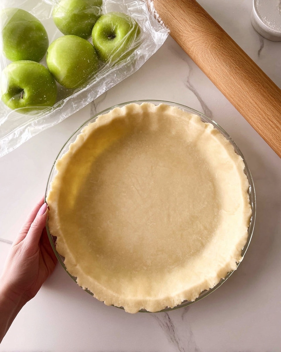 A clear glass pie dish holds one smooth layer of light beige raw pie dough pressed evenly along the bottom and sides, creating a shallow bowl shape with a slightly uneven edge. A woman's hand gently grips the side of the pie dish on the left corner of the image. The background is a white marbled countertop with a wooden rolling pin visible in the upper right area and a transparent plastic bag holding four whole green apples placed in the upper left corner of the image. photo taken with an iphone --ar 4:5 --v 7