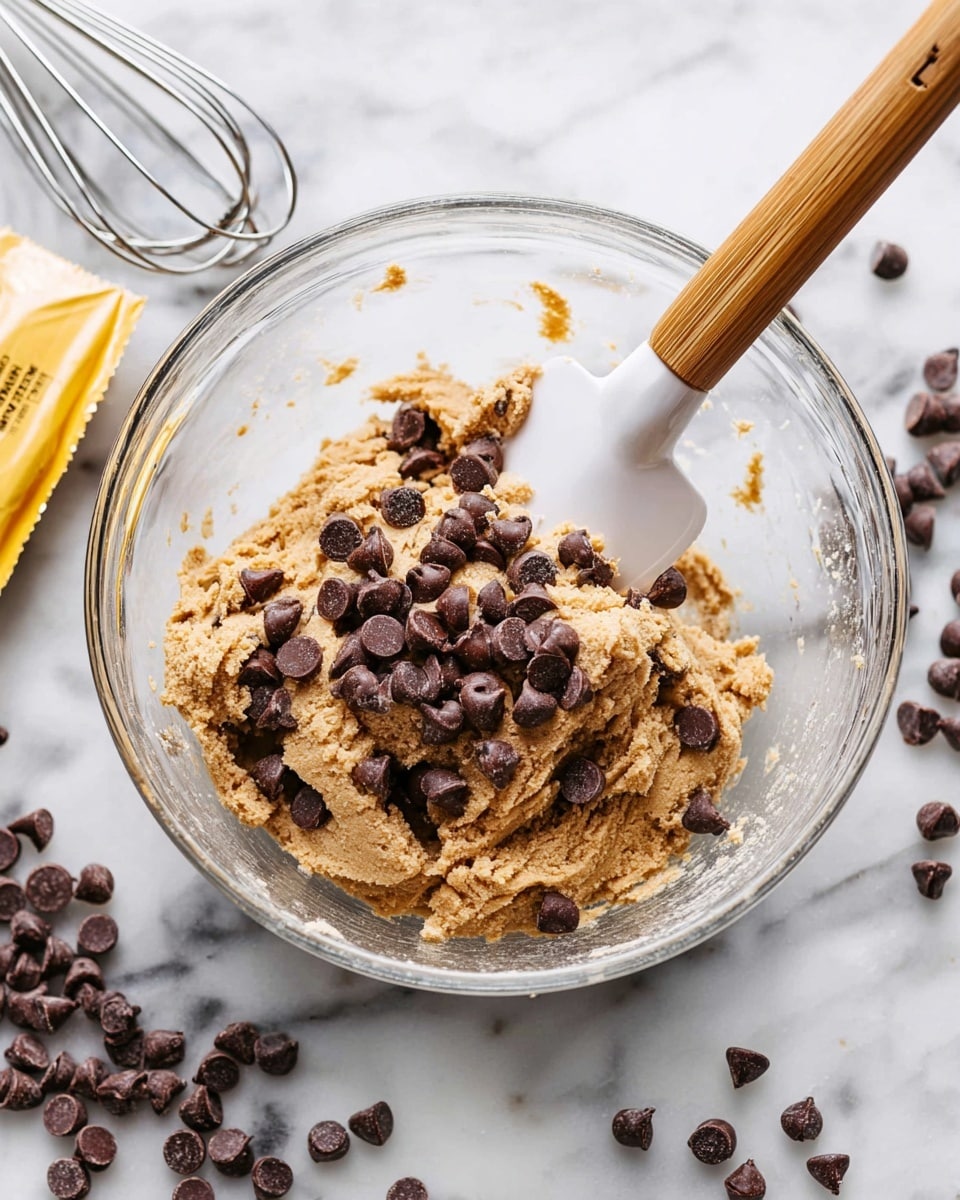 A clear glass bowl sits on a white marbled surface filled with thick, light brown cookie dough. On top of the dough and sprinkled around are many dark brown, round chocolate chips. A spatula with a white and wood handle is resting inside the bowl, partially dipped into the dough. Surrounding the bowl on the marbled surface are extra chocolate chips and a partially seen yellow bag. A metal whisk is also visible in the top left corner. photo taken with an iphone --ar 4:5 --v 7