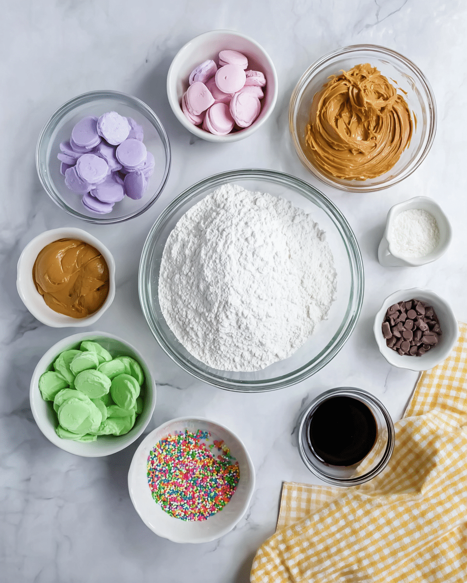 A collection of clear glass bowls and white bowls arranged on a white marbled surface, each filled with different baking ingredients. In the center, there is a large glass bowl filled with white powdered sugar. Surrounding it are three smaller clear glass bowls holding white, dark brown, and caramel-colored peanut butter-like substances respectively. Near these are white bowls containing pastel pink, purple, and green candy melts. A small clear glass bowl with dark vanilla extract and another small bowl filled with colorful sprinkles add pops of color. A yellow and white checkered cloth is beside the bowls. The overall scene is bright and clean, with soft natural light. Photo taken with an iphone --ar 4:5 --v 7