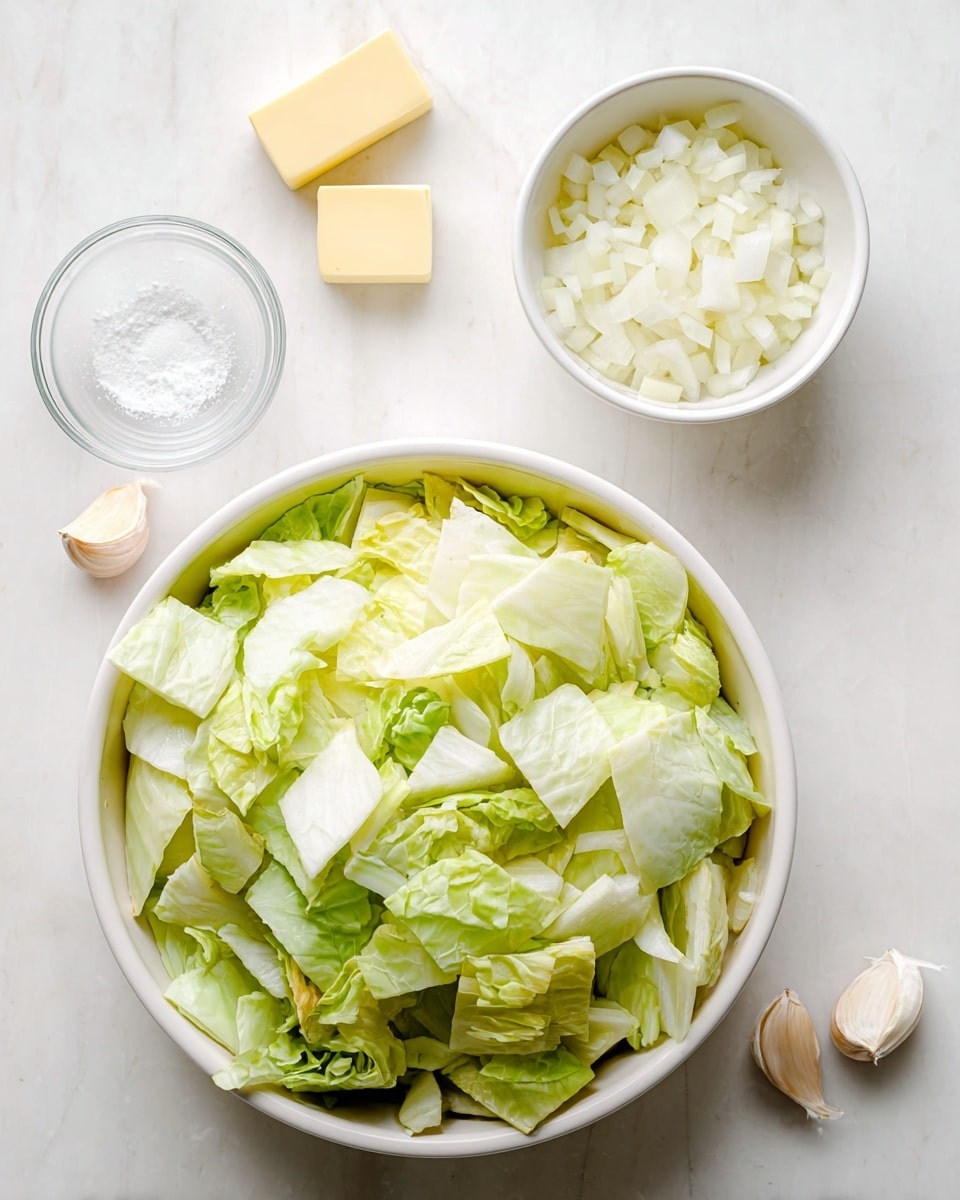 A white bowl filled with large, roughly chopped pale green cabbage pieces sits at the bottom of the frame on a white marbled texture surface. Above it and slightly to the right, a smaller white bowl contains white chopped onions, showing soft and moist texture. Near the top left, there are two small blocks of light yellow butter and a clear glass bowl of coarse white salt. Three whole garlic cloves, creamy and smooth, are scattered between the bowls. The scene is bright and clean with natural light highlighting the freshness of the ingredients. Photo taken with an iphone --ar 4:5 --v 7