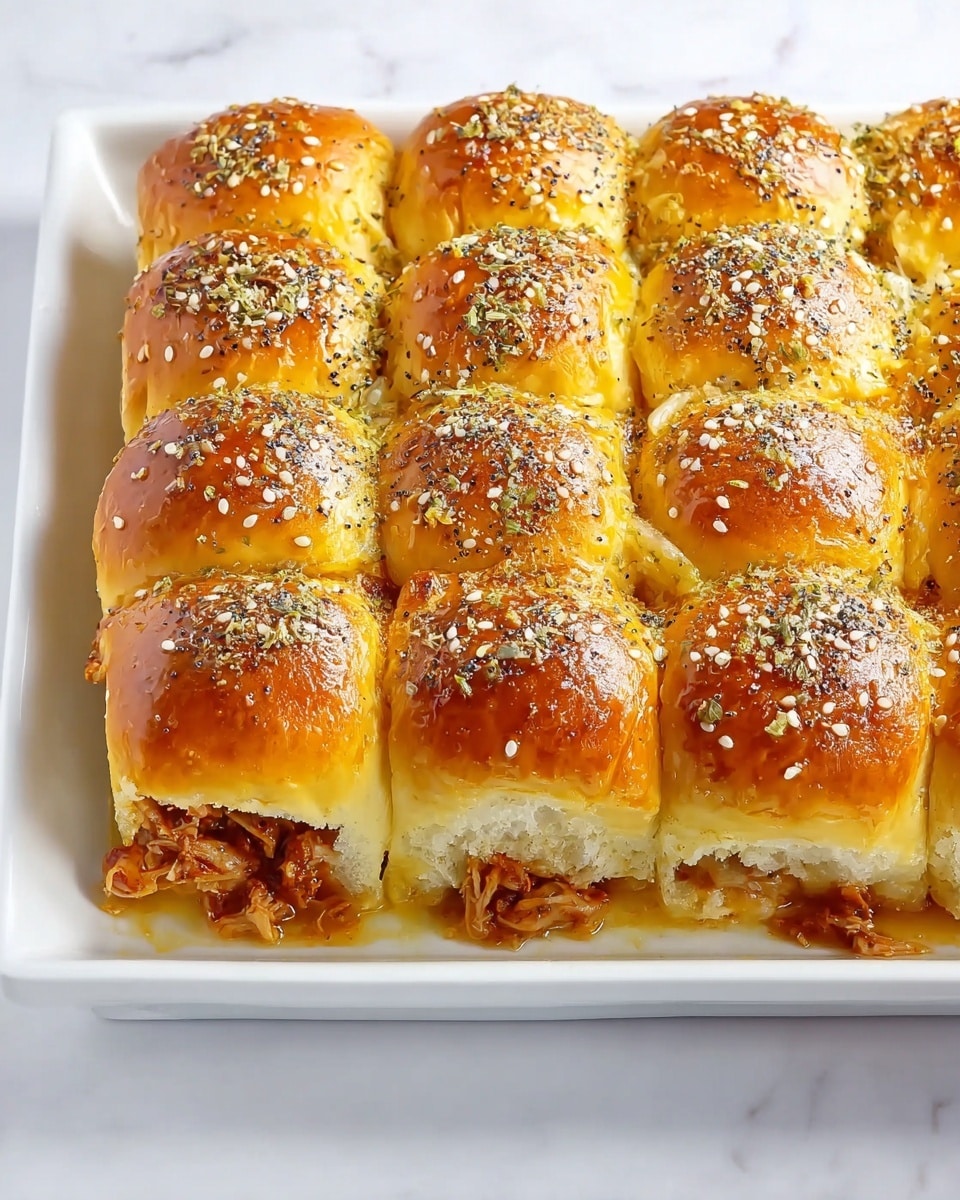 This image shows a white rectangular dish with 12 golden brown slider buns arranged in a 4 by 3 grid on top. The buns are shiny and sprinkled with sesame seeds, poppy seeds, and green dried herbs, giving a speckled texture. The sliders appear soft and slightly puffy, with light yellow melted butter visible between them. Peeking out from beneath the buns, there is shredded filling that looks moist and reddish-brown, suggesting a saucy meat or vegetable mix inside. The dish sits on a white marbled surface, adding a clean and bright look to the presentation. Photo taken with an iphone --ar 4:5 --v 7