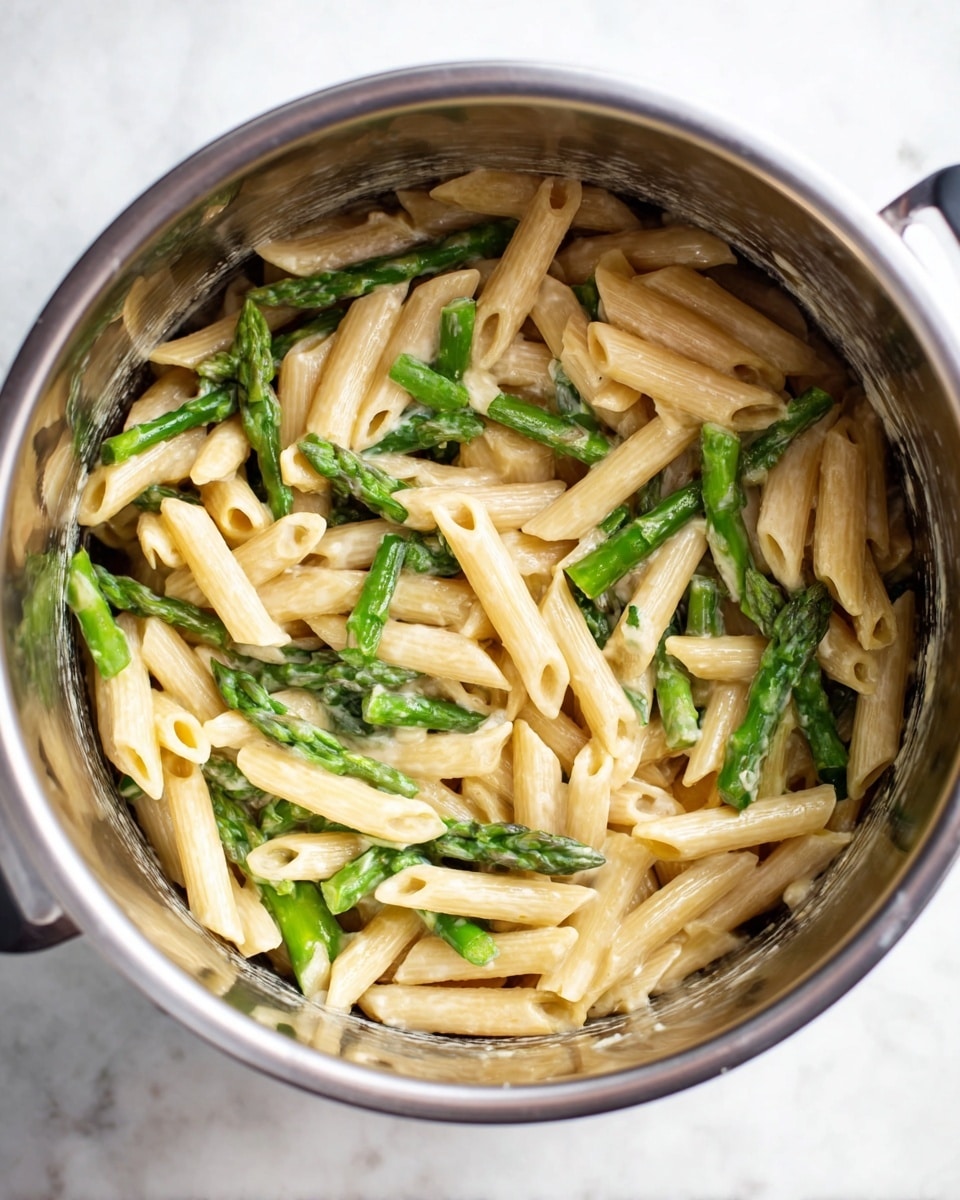 Inside a shiny stainless steel pot, there is one layer of creamy light beige penne pasta mixed evenly with bright green stalks and tips of asparagus, giving a contrast of smooth and vibrant textures. The pasta tube shapes are smooth and the asparagus pieces are cut short, scattered throughout the pot. The creamy sauce lightly coats the pasta and asparagus, making the dish look rich but not heavy. The pot is set on a white marbled surface. photo taken with an iphone --ar 4:5 --v 7