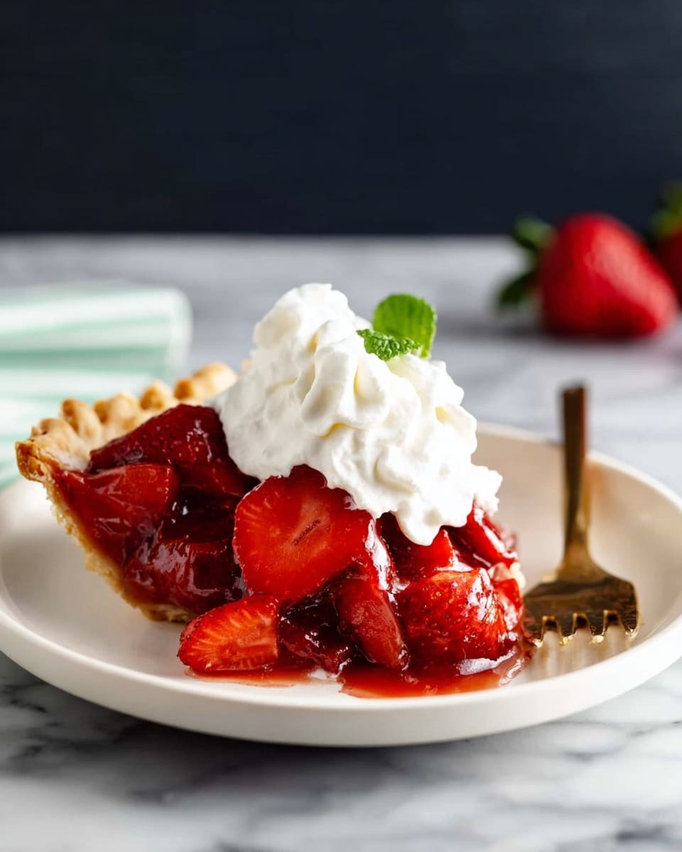 A slice of strawberry pie sits on a white plate with a golden fork to the right side. The pie has one layer of crust that is light tan and crumbly, topped with a shiny, deep red strawberry filling made of whole and sliced strawberries, showing a glossy texture. On top of the strawberries, there is a generous dollop of white whipped cream with a fluffy texture. The plate is placed on a white marbled surface with a dark blurry background. photo taken with an iphone --ar 4:5 --v 7