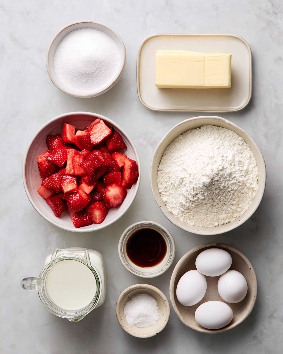The image shows a top-down view of several small white bowls and plates arranged on a white marbled surface. Starting from the top left, there is a small white bowl filled with white granulated sugar. To its right, a small white plate holds a rectangular stick of pale yellow butter. Below the sugar, a white bowl is filled with chopped red strawberries, varying in size and texture. Next to the strawberries on the right, a larger white bowl contains a mound of white flour with a slightly clumpy texture. Below these bowls, there is a small glass jar holding white liquid, likely milk, and beside it a small white bowl with a dark brown liquid, likely vanilla extract. Next to the dark liquid, a small beige bowl holds white powdery baking soda and baking powder. Finally, completing the arrangement on the right side are two white eggs placed on the marbled surface. The photo taken with an iphone --ar 4:5 --v 7