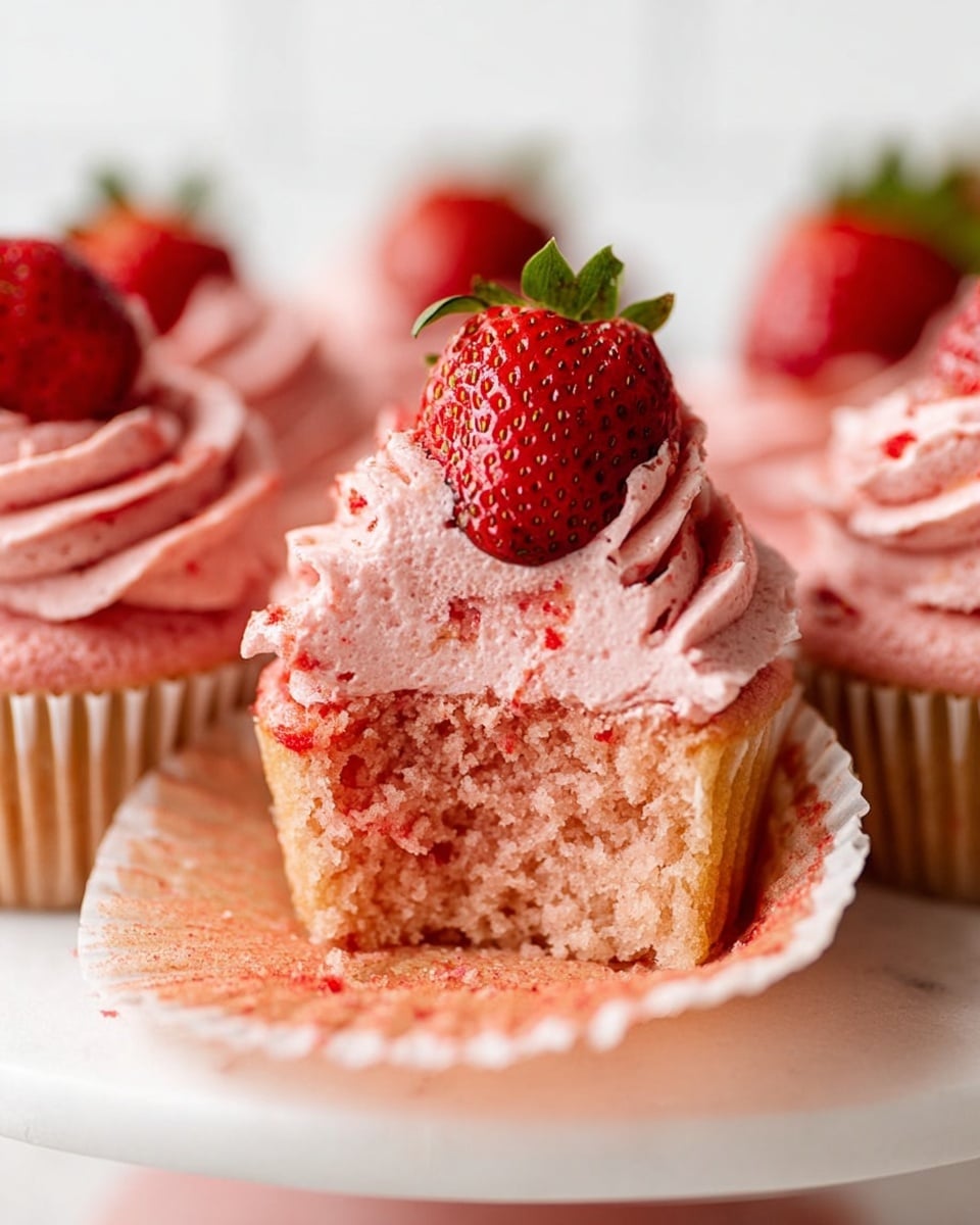 The image shows a close-up of strawberry cupcakes on a white platter with a white marbled background. Each cupcake has two main parts: the light pink cake at the bottom, which has a soft and moist texture, and a thick layer of swirl-patterned pink strawberry frosting on top. The frosting is creamy and slightly textured with small bits of red scattered on it. Each cupcake is topped with a fresh half strawberry, showing its red inside and green leafy top. The cupcake in front has its wrapper peeled back, revealing the crumbly texture of the cake inside. Photo taken with an iphone --ar 4:5 --v 7