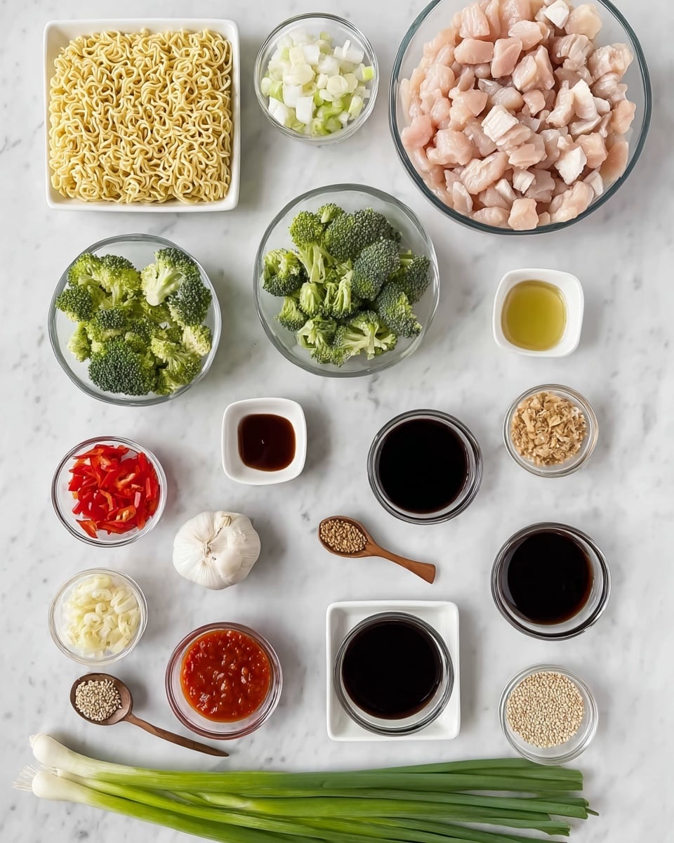 A flat lay of many small clear glass bowls and white square dishes arranged neatly on a white marbled surface, holding various raw ingredients: one large bowl at the top right filled with light pink cubed raw chicken, a square block of dry yellow instant ramen noodles to its left, several small bowls containing green broccoli florets, sliced white mushrooms, red bell pepper pieces, finely chopped white onion, minced garlic, light brown minced ginger, and two small amounts of light golden oil. Other bowls hold different dark sauces in deep brown and black shades, alongside bright reddish-orange sauce and sesame seeds in a small wooden spoon. At the bottom center, fresh long green onion stalks lie horizontally across the bottom. The arrangement is bright, clean, and well organized, photo taken with an iphone --ar 4:5 --v 7