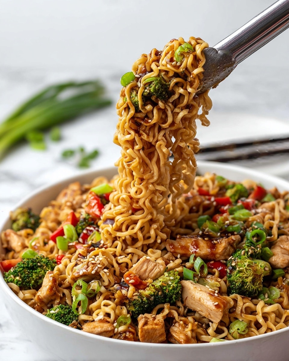 A close-up of a white bowl filled with three layers of cooked wavy noodles mixed with chunks of cooked chicken pieces, bright green broccoli florets, small diced red bell peppers, sliced green onions, and sprinkled sesame seeds throughout. A pair of metal tongs lifts a portion of noodles and vegetables from the bowl, showing the glossy texture of the noodles coated in a dark soy-like sauce. In the blurred background, there is a white marbled surface, some green onions, and a white plate with black chopsticks resting on it. photo taken with an iphone --ar 4:5 --v 7