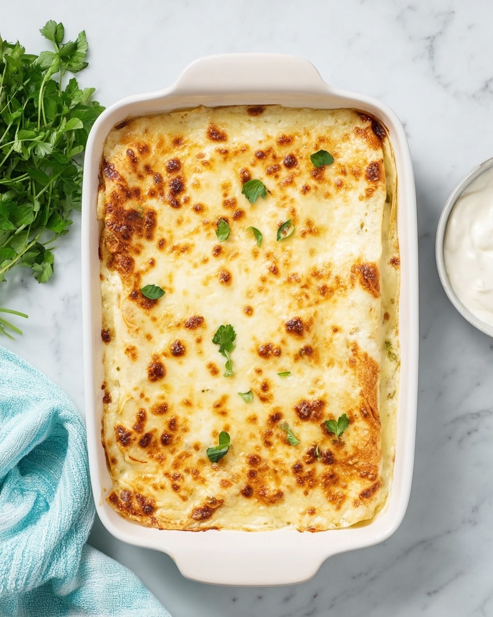 The image shows a white baking dish filled with creamy layered potato casserole. The top layer is golden brown melted cheese with small green herb bits scattered lightly. Below the cheese, several thick layers of tender, white potato slices covered in rich, creamy white sauce with black pepper specks can be seen. A woman's hand is lifting a scoop of the casserole with a wooden-handled utensil, showing the soft, smooth texture of the potatoes and sauce stretching slightly as it moves. The dish rests on a white marbled surface with a white tiled wall background, and there is a soft mint green and white cloth partially visible in the foreground. Photo taken with an iphone --ar 4:5 --v 7