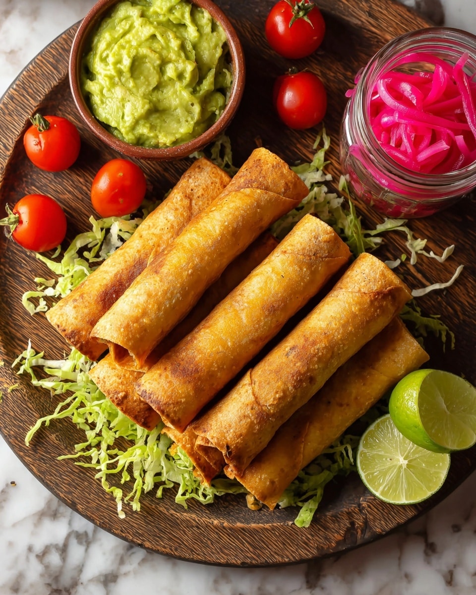 The image shows six golden brown rolled tacos with a crispy texture, placed on a round wooden board. They sit on a bed of shredded green lettuce scattered across the board. To the upper left of the tacos, there is a small brown bowl filled with green, creamy guacamole. Next to the guacamole is an open glass jar containing bright pink pickled onions. At the top, there are three red tomatoes still on their vine. On the right side, two lime wedges with light green flesh rest on the wooden board. The whole setting is on a white marbled surface. photo taken with an iphone --ar 4:5 --v 7