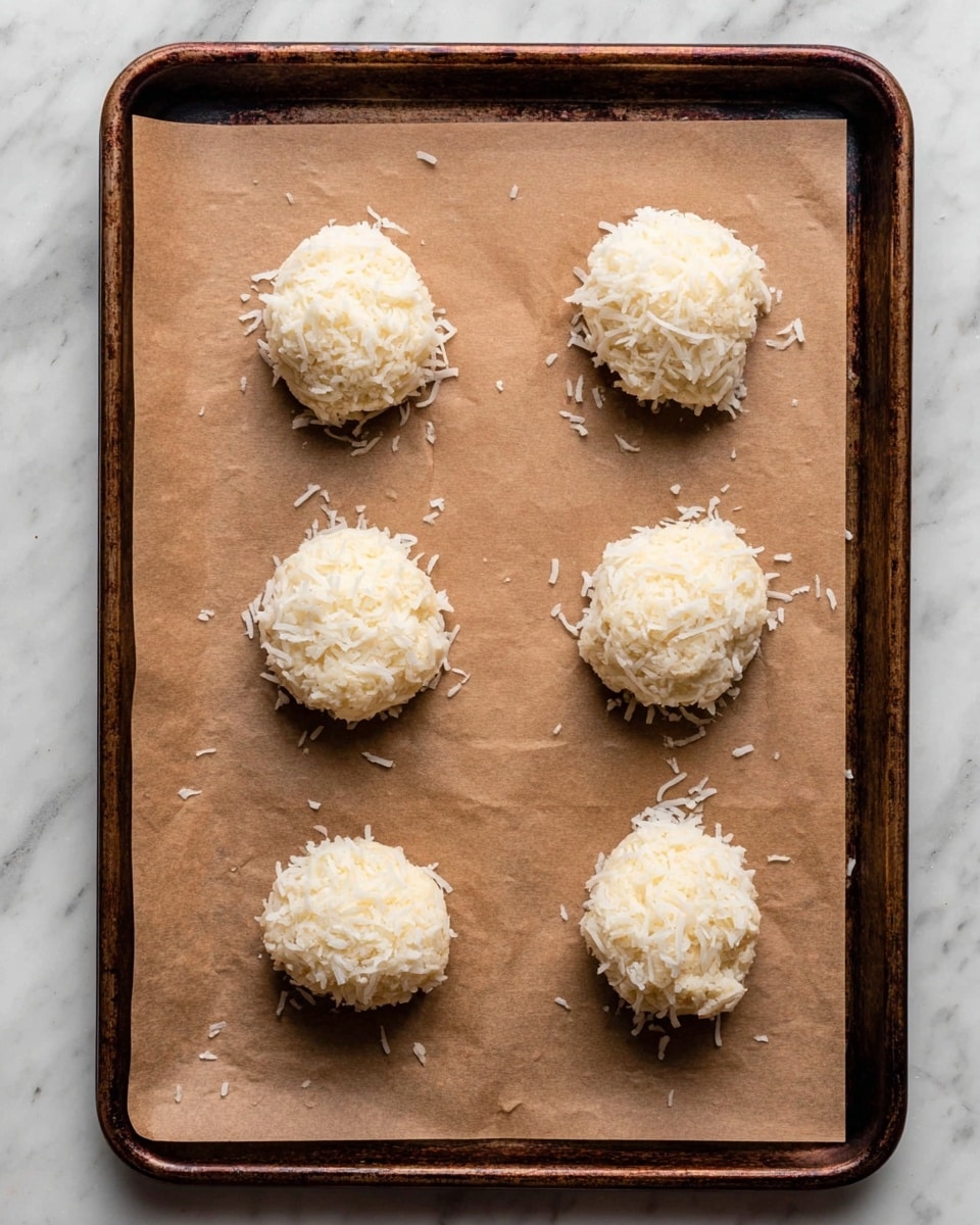 Six small round mounds of white shredded coconut dough are evenly spaced on a sheet of brown parchment paper. The parchment paper lays flat on a dark metal baking tray with slightly raised edges. The coconut dough looks moist and fluffy with visible thin strands. The tray is placed on a surface with a white marbled texture. photo taken with an iphone --ar 4:5 --v 7