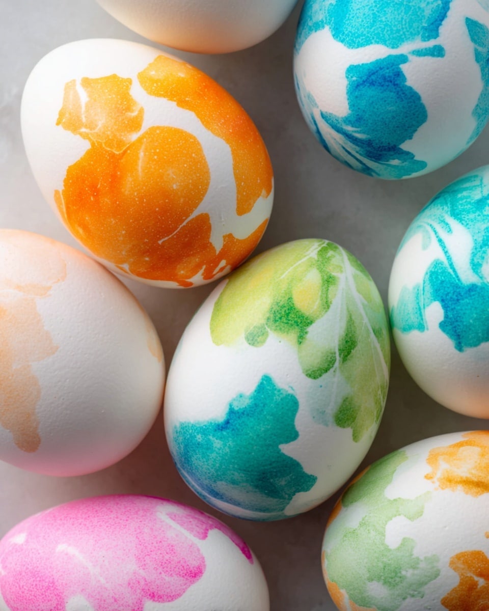 The image shows several eggs with a marbled color effect. Each egg has two main layers: a smooth white base layer and a splashy color layer on top. The colors include bright orange, green, blue, and pink, each with uneven patches blending softly into the white. The eggs are close together on a white marbled surface, showing off their glossy, smooth textures and the random, abstract patterns of color on each one. Photo taken with an iphone --ar 4:5 --v 7
