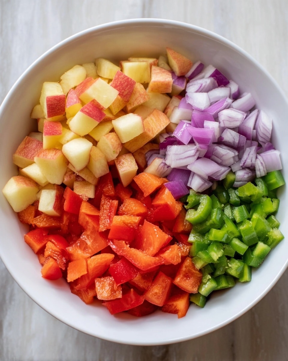 A white bowl on a white marbled surface holds five types of chopped ingredients arranged in separate piles. The top left pile is small pieces of light yellow and red-skinned apple. To the right of the apple, there are small red tomato pieces. Below the apples, closer to the bottom left, is a pile of chopped red bell pepper with a shiny texture. Next to the tomato pieces, on the right side, there are small chunks of purple and white onion. Below the onion, toward the bottom right, is a group of chopped green chili peppers. The colors are bright and fresh, with all pieces roughly the same size, filling the bowl evenly. photo taken with an iphone --ar 4:5 --v 7