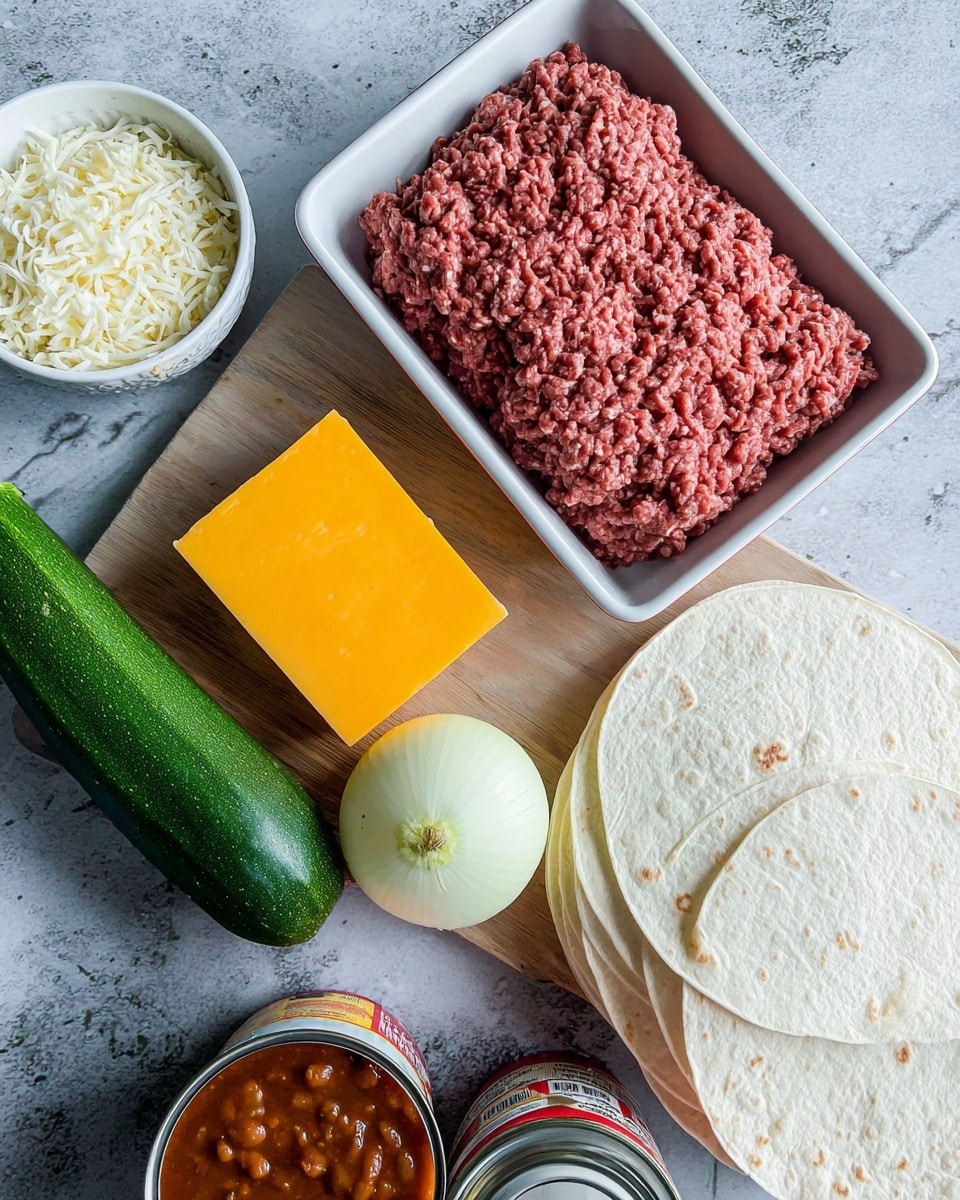 A clear view of raw ground beef in a white tray placed on a gray cutting board with a zucchini next to it. Half of a white onion sits upright near a block of cheddar cheese, both resting on the cutting board. To the side, there is a stack of white tortillas overlapping on a white marbled surface, and a small portion of white rice is visible in a white bowl. An open can of refried beans and a jar of red salsa are also shown near the cutting board. Photo taken with an iphone --ar 4:5 --v 7