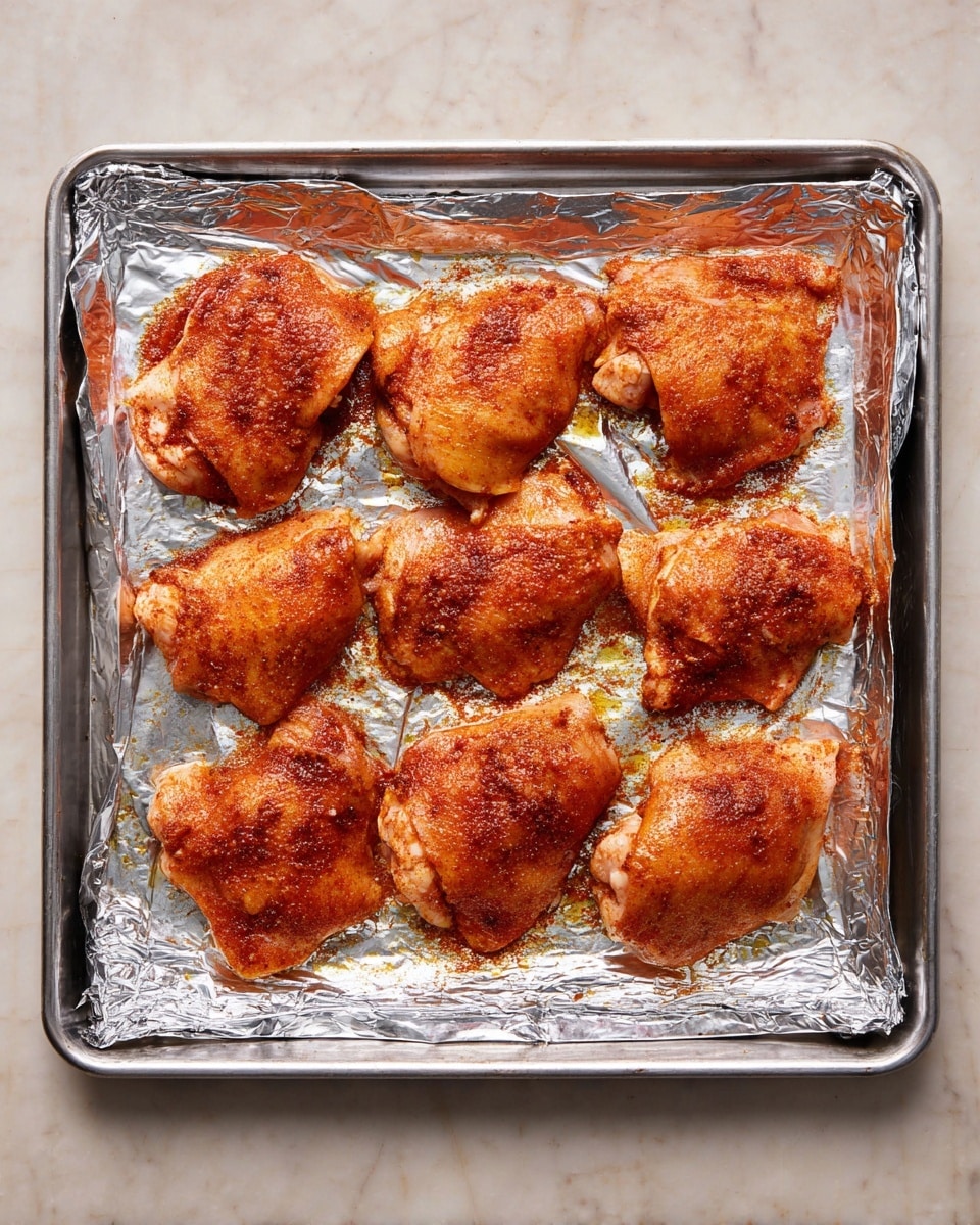 A metal baking tray covered with shiny aluminum foil holds eight pieces of raw chicken thighs spread out evenly in two rows. Each chicken thigh is coated with a reddish-brown spice rub that adds a textured, slightly oily sheen to the pale pink meat. The chicken pieces show natural irregular shapes and some darker seasoning spots. The tray rests on a white marbled surface. photo taken with an iphone --ar 4:5 --v 7