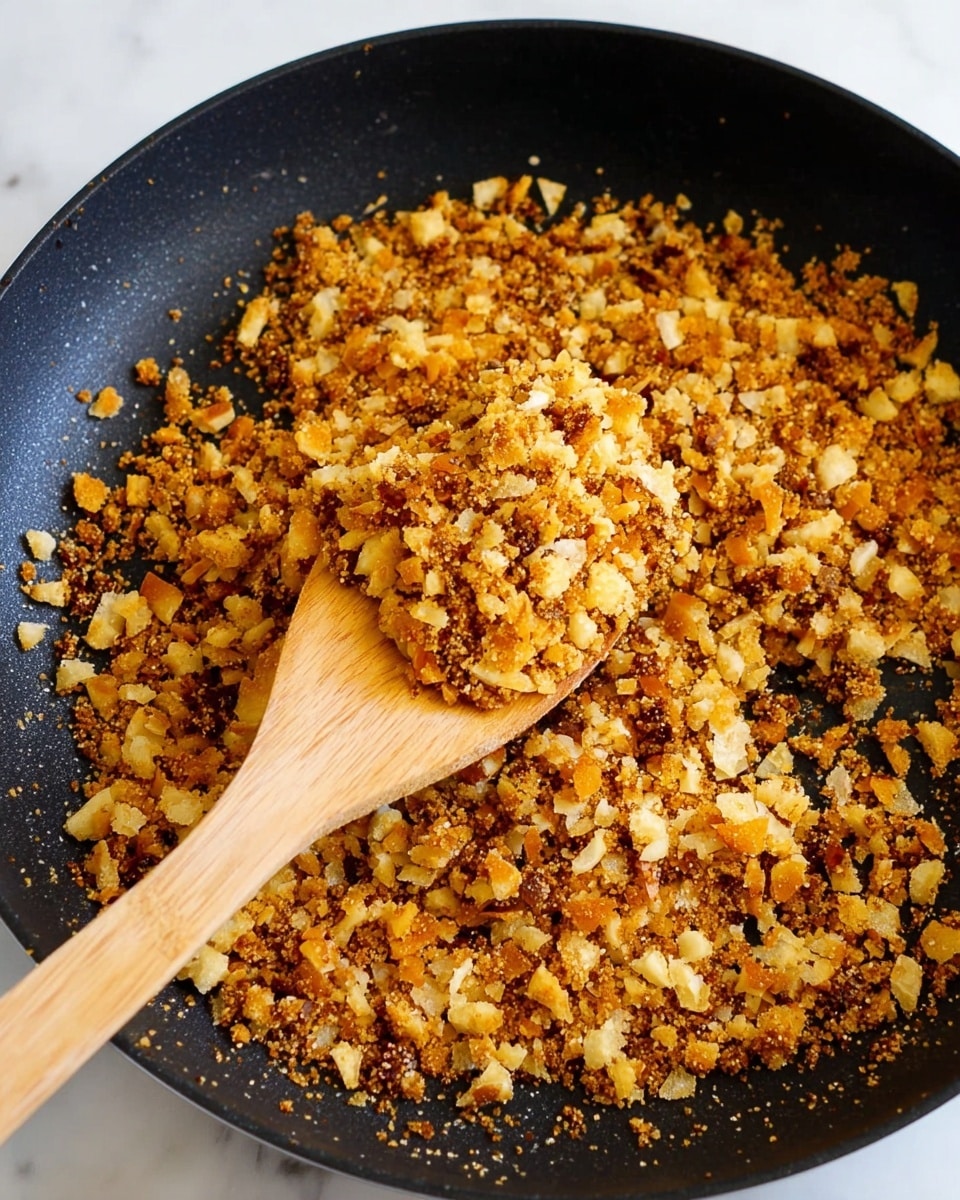 A close-up view of a black frying pan filled with small toasted bread crumbs that are golden brown with some darker roasted bits. A wooden spoon is in the pan, lifting a scoop of the crispy crumbs. The crumbs look crunchy and uneven, showing a mix of light and darker brown colors, with some bits appearing slightly oily and textured. The pan rests on a white marbled surface. photo taken with an iphone --ar 4:5 --v 7