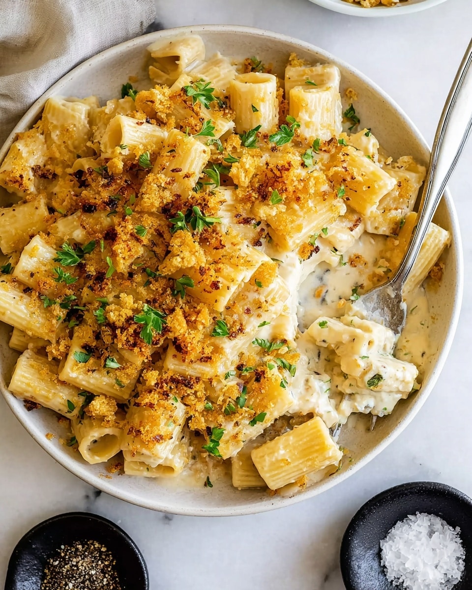 A bowl filled with rigatoni pasta, pale yellow in color and mixed with a creamy white sauce, is topped with golden brown crispy crumbs scattered all over. Small green herb leaves are sprinkled on top, adding a fresh touch. The rigatoni pieces are thick and arranged neatly inside a beige bowl, which sits on a white marbled surface. Around the bowl, small white and black dishes hold extra ingredients, slightly blurred in the background. Photo taken with an iphone --ar 4:5 --v 7