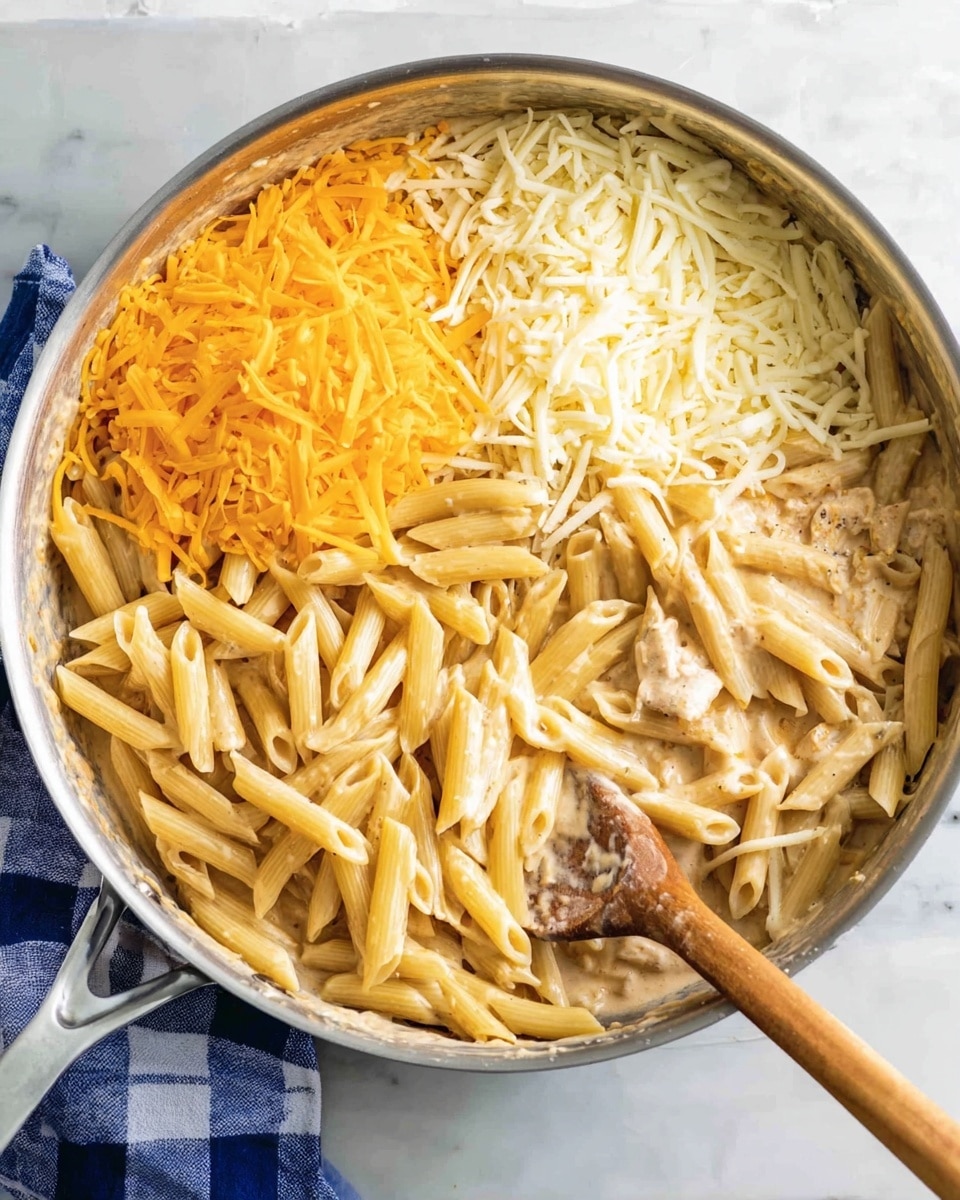 A large silver pan holds a colorful mix of food layers, placed on a white marbled surface with a blue and white checkered cloth nearby. On the left side of the pan, there are two piles of shredded cheese—bright orange cheddar at the top and white mozzarella below it. The right side of the pan is filled with pale yellow cooked penne pasta resting over a creamy, light orange sauce mixed with some chunks of meat. A wooden spoon with a light brown handle leans on the pan’s right edge, partly touching the pasta. The photo taken with an iphone --ar 4:5 --v 7