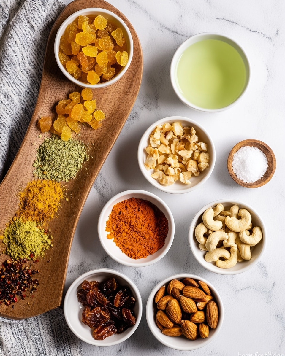 The image shows nine small white bowls and a wooden board on a white marbled surface. The wooden board is curved and holds eight different spices arranged in two rows, each spice heap varying in color from pale yellow, light green, brown, dark red, bright orange, and beige. The white bowls contain different ingredients: golden raisins, chopped orange dried fruit, chopped pale brown nuts, clear light green liquid, clear pale yellow liquid, whole almonds, raw cashew nuts, and white granulated sugar. The bowls and board are spaced neatly, some resting on a gray and white striped cloth. photo taken with an iphone --ar 4:5 --v 7