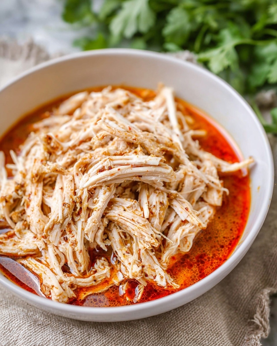 A close-up of a white bowl filled with shredded chicken soaked in a reddish-orange sauce, showing layers of pale, fibrous chicken mixed with the smooth, slightly oily sauce that pools at the bottom. The chicken has fine textures with small bits of seasoning scattered throughout. The bowl sits on a light beige cloth on a white marbled surface, with some green leafy herbs blurred in the background. photo taken with an iphone --ar 4:5 --v 7
