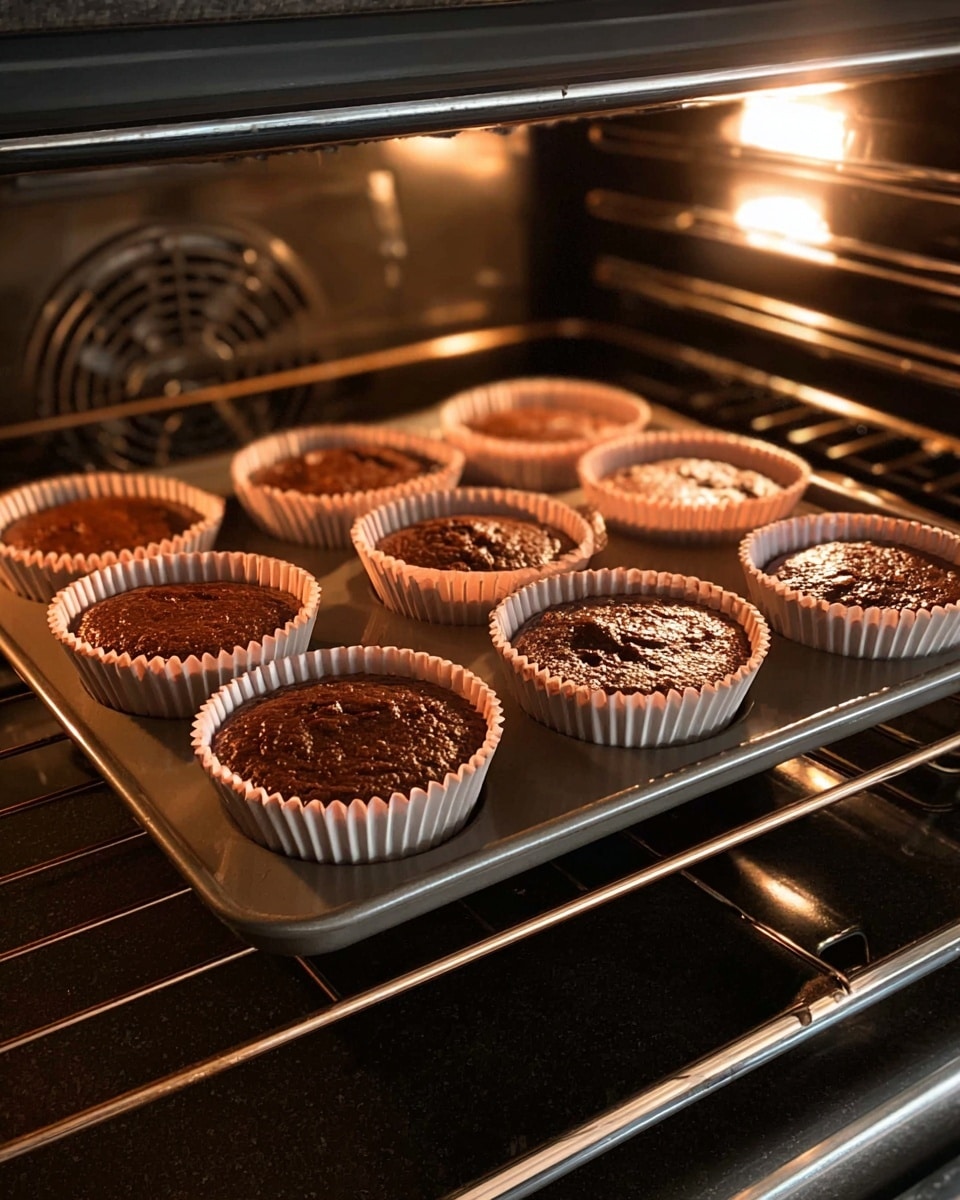 The image shows six chocolate cupcake batter portions in white paper liners with a light pink outer layer, placed evenly on a metal baking tray inside an oven. The batter is dark brown with a smooth but slightly uneven texture on the top of each cupcake. The oven interior is visible with dark metal racks and a light source above casting warm light on the cupcakes, creating soft shadows. The scene has a cozy, homey feel with the cupcakes ready to bake. Photo taken with an iphone --ar 4:5 --v 7