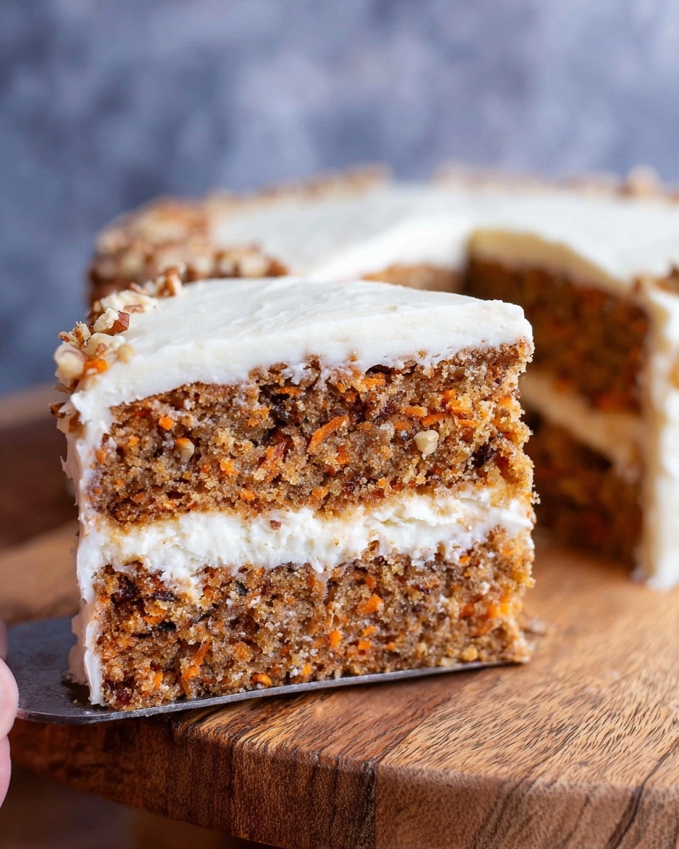A two-layer carrot cake slice is shown on a wooden board with a white marbled background. The cake layers are brown with visible small orange carrot pieces and bits of darker nuts inside. Between the two layers is a thick, creamy white frosting. The top of the cake is covered with the same smooth white frosting, spread evenly but with a soft texture. Part of the whole cake is seen in the background to the right, slightly out of focus. A woman's hand is holding the cake from behind on the left side. Photo taken with an iphone --ar 4:5 --v 7