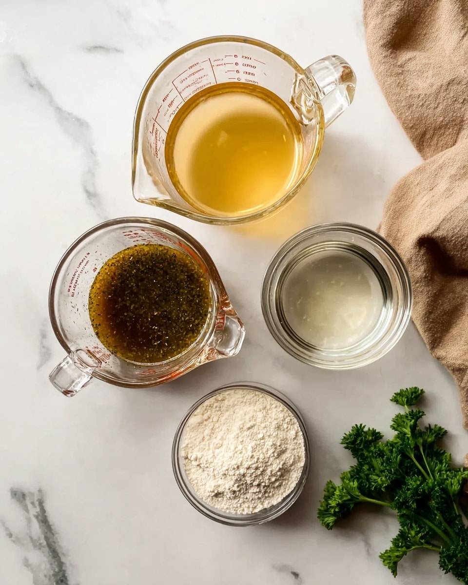 The image shows four containers with different ingredients placed on a white marbled surface. The top container is a clear measuring cup filled with a light golden-yellow liquid. Below it, to the left, is another clear measuring cup holding a darker brown mixture with visible herbs and specks. To the right of this is a clear measuring cup with a transparent liquid, almost like water. At the bottom center, there is a small clear glass bowl filled with white flour. A light brown cloth is partially visible in the upper right corner, and a small bunch of green parsley is in the lower right corner. Photo taken with an iphone --ar 4:5 --v 7