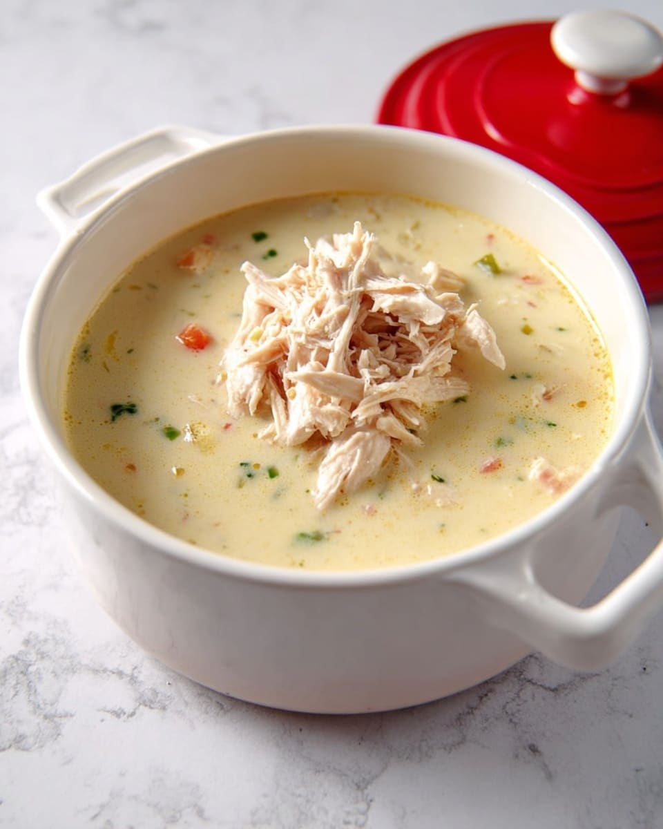 The image shows a white bowl filled with creamy soup that has a light yellow color with small bits of vegetables and herbs visible throughout. On top of the soup, there is a pile of shredded pale pink chicken pieces placed in the center. The bowl has two small handles and sits on a white marbled surface. A red lid with a white knob is slightly visible in the background. The soup looks smooth and thick, and the shredded chicken has a soft texture. Photo taken with an iphone --ar 4:5 --v 7