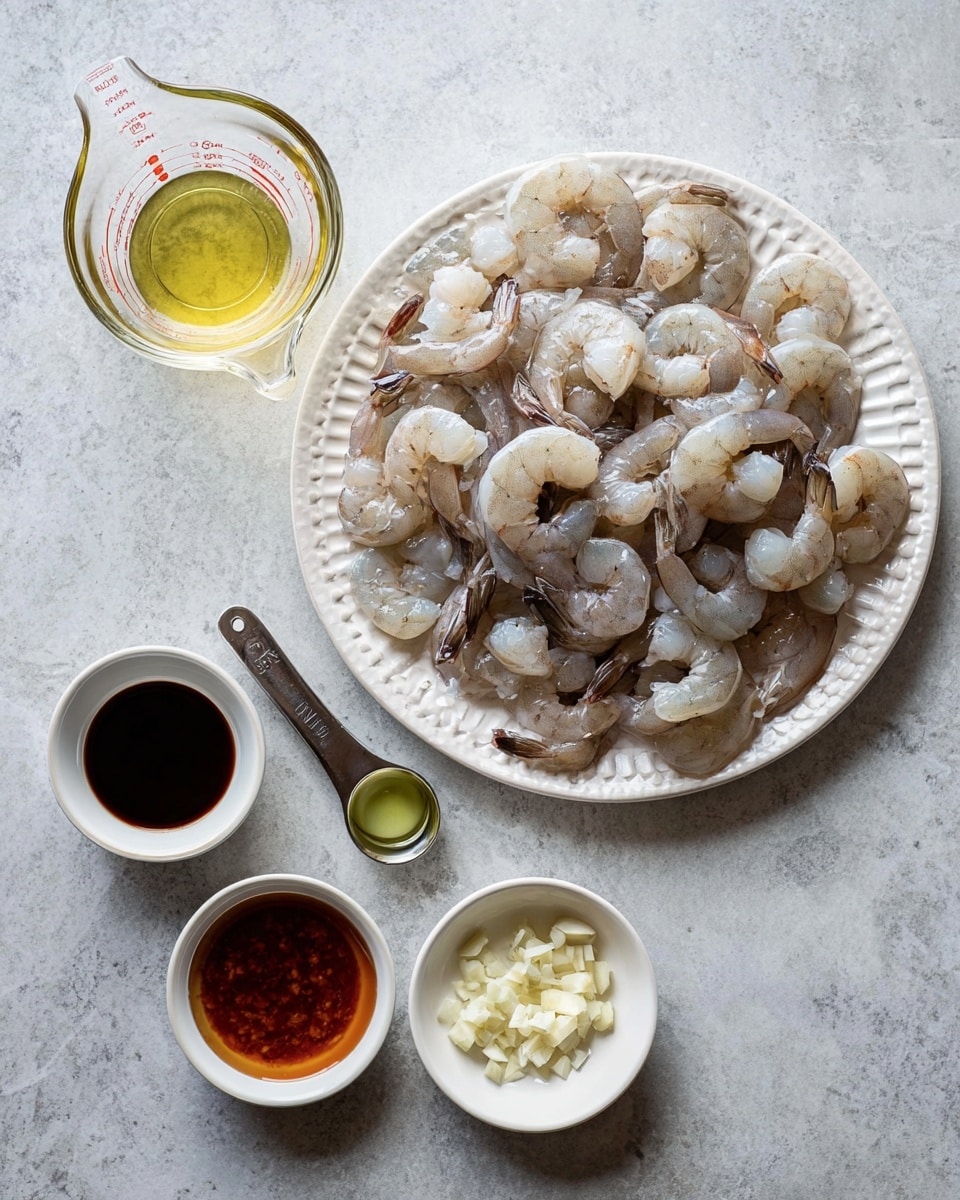 A white textured plate is filled with many raw shrimp, showing their translucent grey and light pink colors with tails on. Next to the plate, on a white marbled surface, there is a clear glass measuring cup with pale yellow oil inside, a silver measuring cup containing a light green liquid, and four small white bowls arranged below: one with a dark thick sauce, one with a reddish-brown sauce, one with chopped white garlic, and one with a light brown liquid. The setup is neatly organized, showing fresh ingredients ready for cooking. photo taken with an iphone --ar 4:5 --v 7