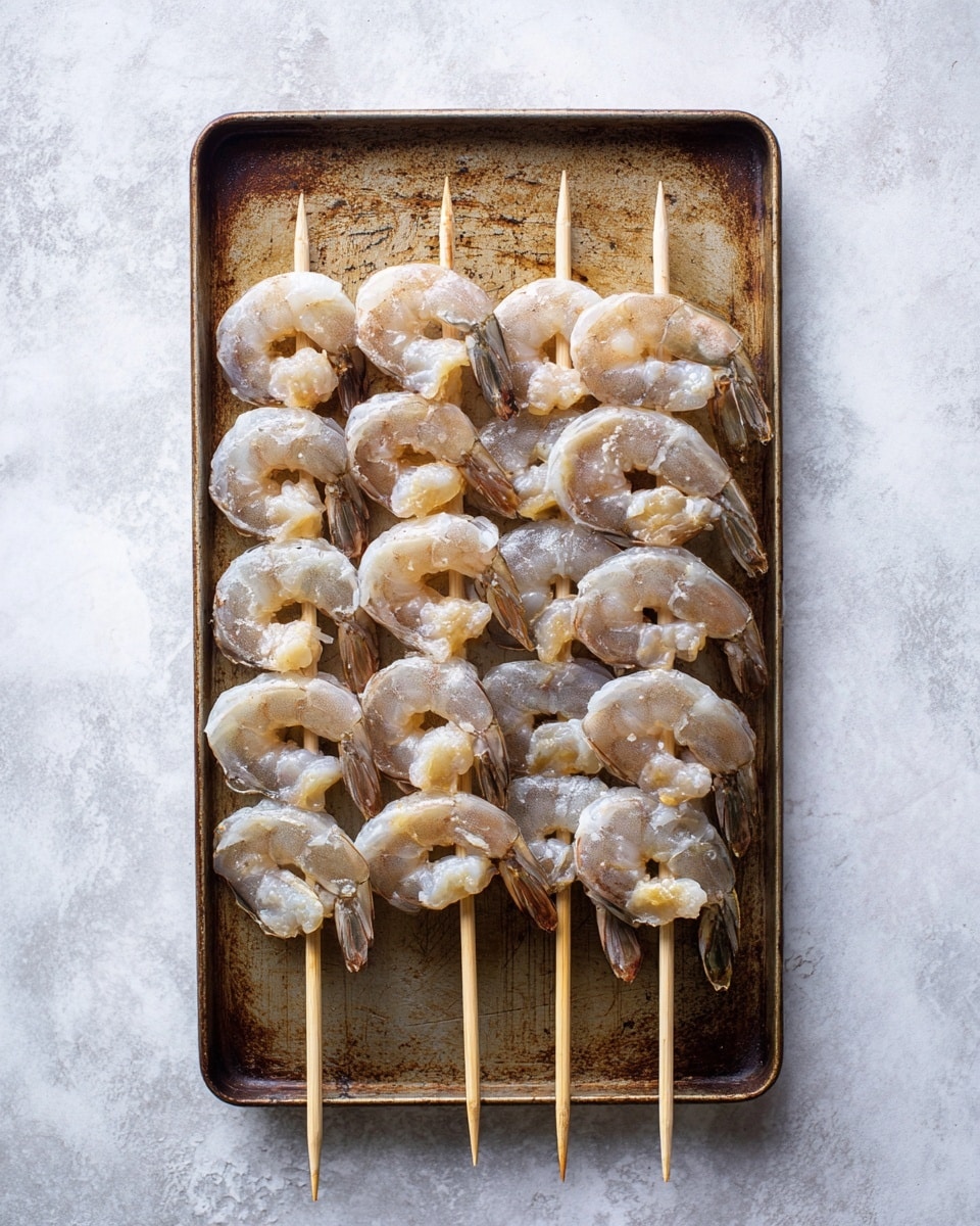 The image shows five wooden skewers laid side by side on a rectangular metal tray with an aged, slightly rusty look. Each skewer is threaded with about six to seven raw shrimp, each shrimp curled and translucent with grayish-white and pale pink tones. The shrimp have visible shells and tails that add a darker brown color contrast. The skewer sticks are light tan and extend beyond the shrimp at both ends. The tray rests on a white marbled surface, which adds a clean and soft background to the rough texture of the tray and shrimp. Photo taken with an iphone --ar 4:5 --v 7