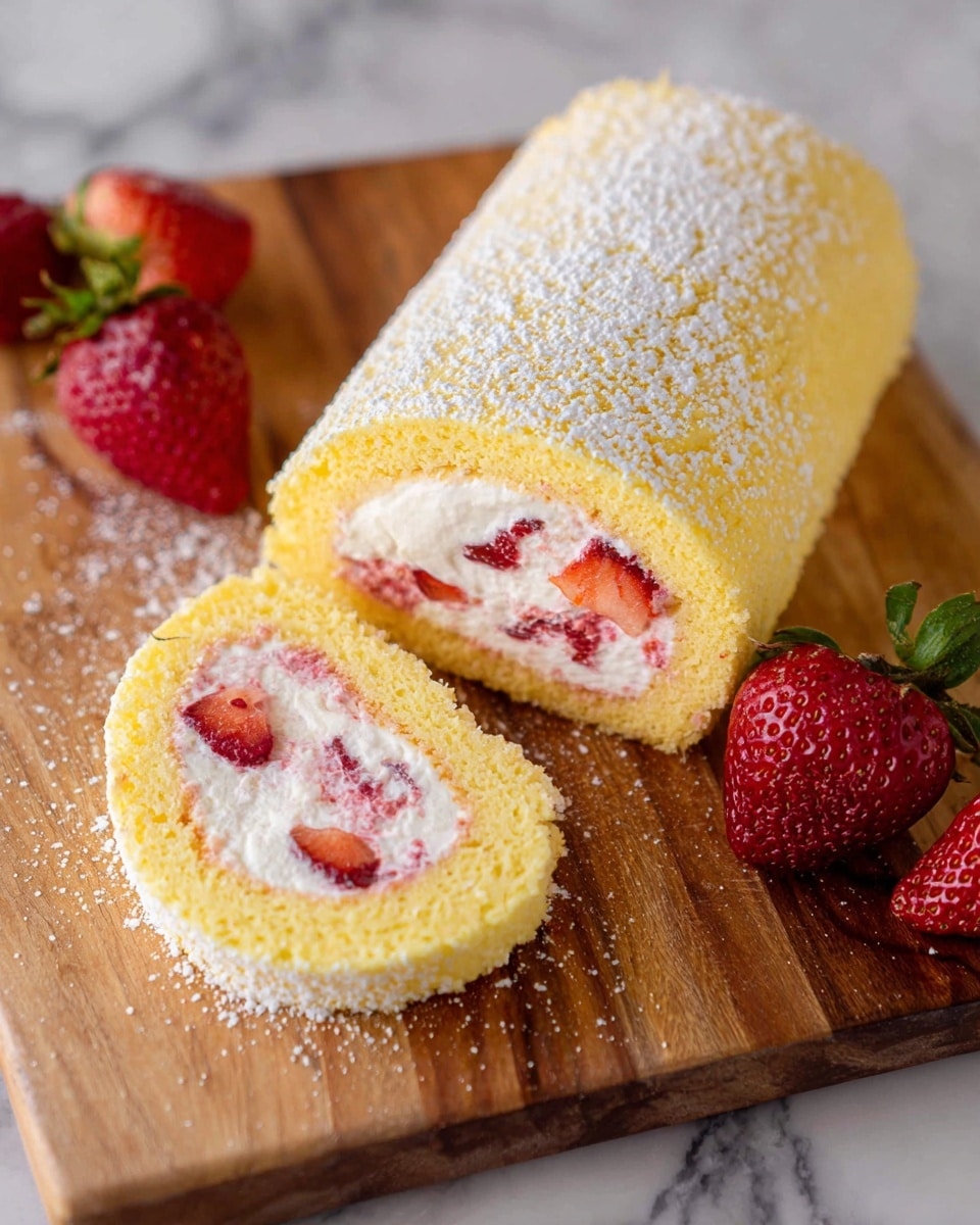 This image shows a slice of a yellow sponge cake roll with white cream and red strawberry pieces layered inside. The roll is placed on a wooden board with some powdered sugar dusted around. There are whole and halved fresh strawberries next to the cake roll. The surface under the board is a white marbled texture. The cake roll looks soft and fluffy with visible textures in the sponge and creamy layers. Photo taken with an iphone --ar 4:5 --v 7