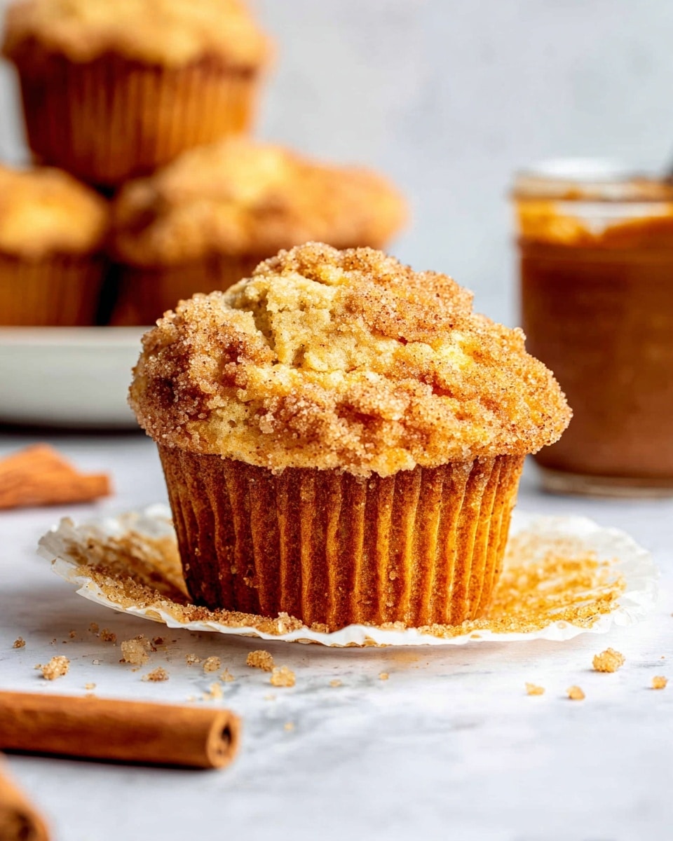 A close-up view of a golden-brown muffin with a crumbly sugar topping and a textured surface, sitting slightly pushed down in a white paper liner that peels away around the edges, placed directly on a white marbled surface with a few sugar crumbs scattered around. In the background, there is a blurred white plate with more muffins and a jar of a brown spread, creating a warm, cozy feel. Two cinnamon sticks lie on the white marbled surface in the lower left corner, adding a hint of spice color contrast. photo taken with an iphone --ar 4:5 --v 7
