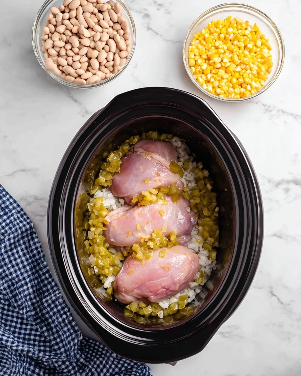 Inside a black slow cooker, there are three pieces of raw pink chicken placed on a base layer of finely chopped white onions, with a yellow-green layer of chopped peppers covering the chicken. Above the cooker, there are two small clear glass bowls, one filled with pale beige beans and the other with bright yellow corn. The scene is set on a white marbled surface with a blue and white checkered cloth partly visible on the lower right side. Photo taken with an iphone --ar 4:5 --v 7