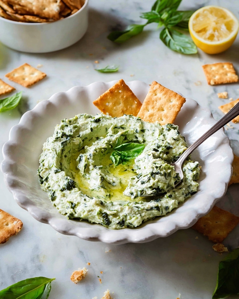 A white scalloped shallow bowl filled with a thick, creamy, green dip that has small dark green herb pieces mixed in. The dip has a pool of light yellow oil in the center and a fresh basil leaf on top. Two square, golden-brown crackers stand upright on the right side of the bowl, partially dipped into the spread. A silver spoon rests on the right edge inside the bowl. The setting is on a white marbled surface with scattered basil leaves and crackers, a lemon half, and a white bowl filled with more crackers in the background. Photo taken with an iphone --ar 4:5 --v 7