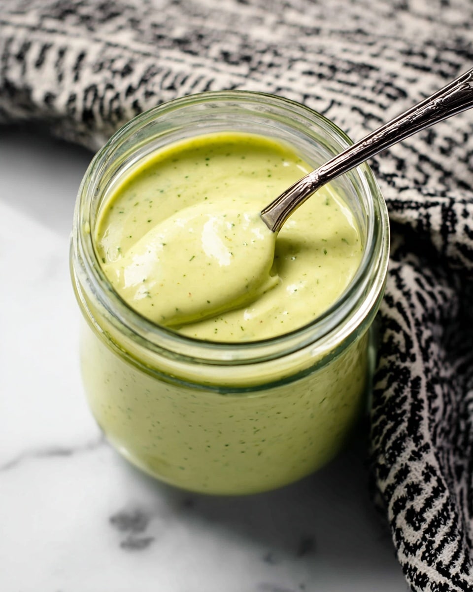 A clear glass jar filled with a creamy, light green sauce with small darker green specks throughout, giving it a slightly textured look. A silver spoon is dipped into the sauce, showing its thick but smooth consistency. The jar is placed on a white marbled surface next to a black and white patterned cloth. The overall scene looks bright with natural light highlighting the shiny texture of the sauce and the glass jar. photo taken with an iphone --ar 4:5 --v 7