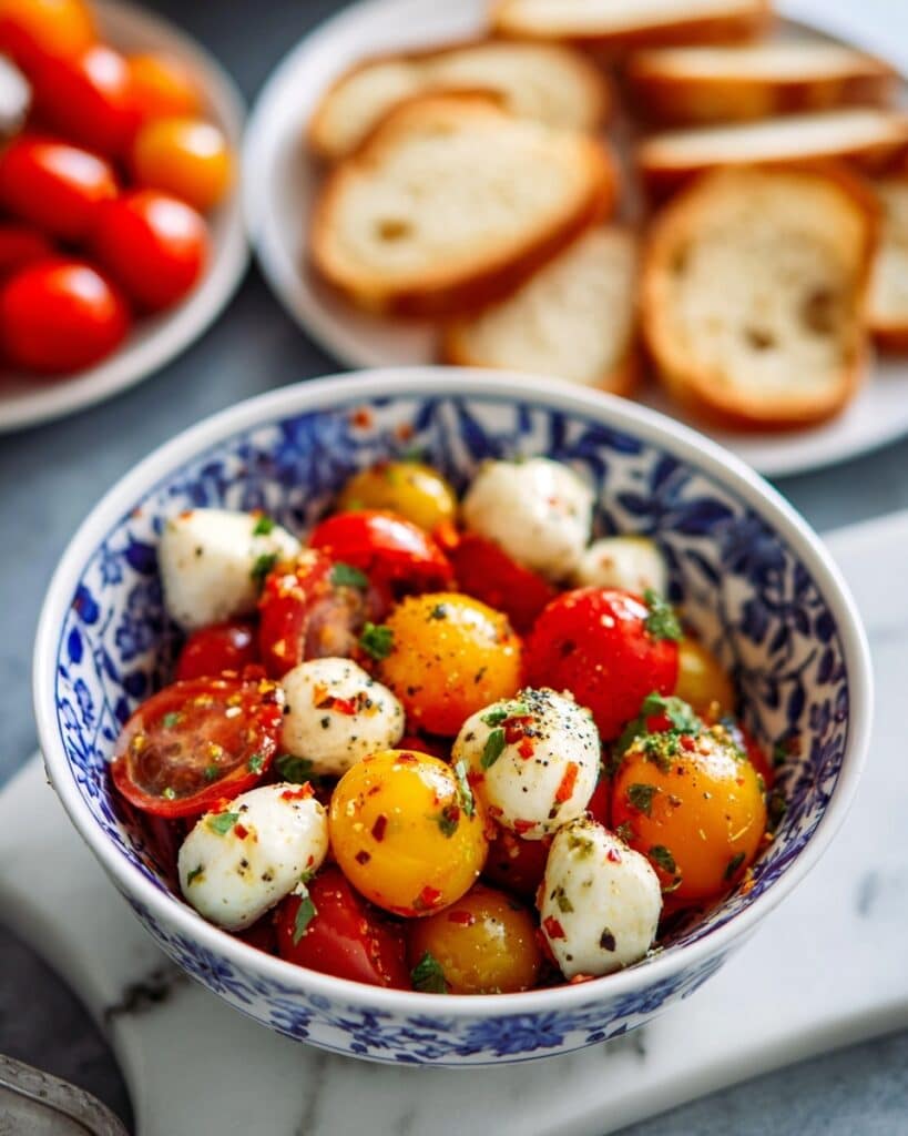 Bite-Sized Caprese Salad with Bread Dipping Oil Recipe
